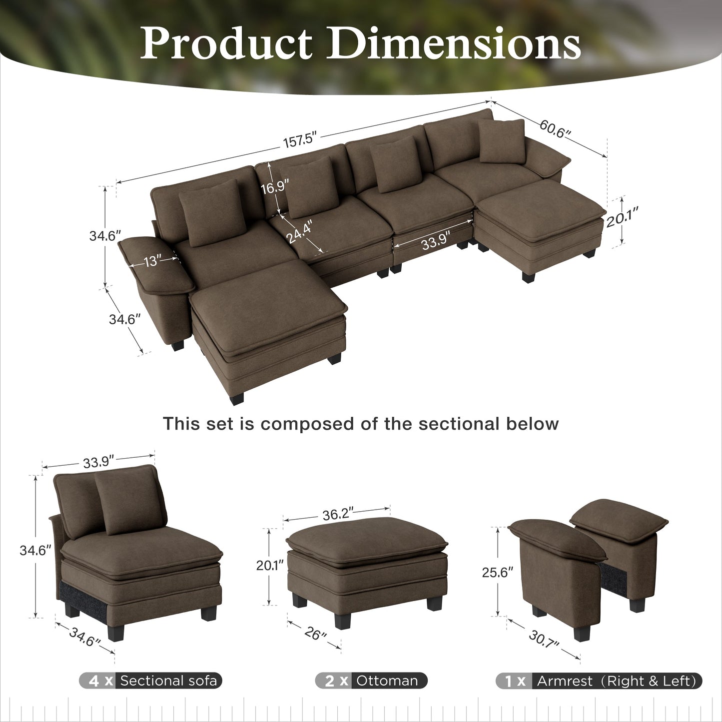 Sophia&William 157.5"L Convertible Sectional Sofa Couch, Modern Chenille Couch 6-Seat Modular Sofa for Living Room,Brown