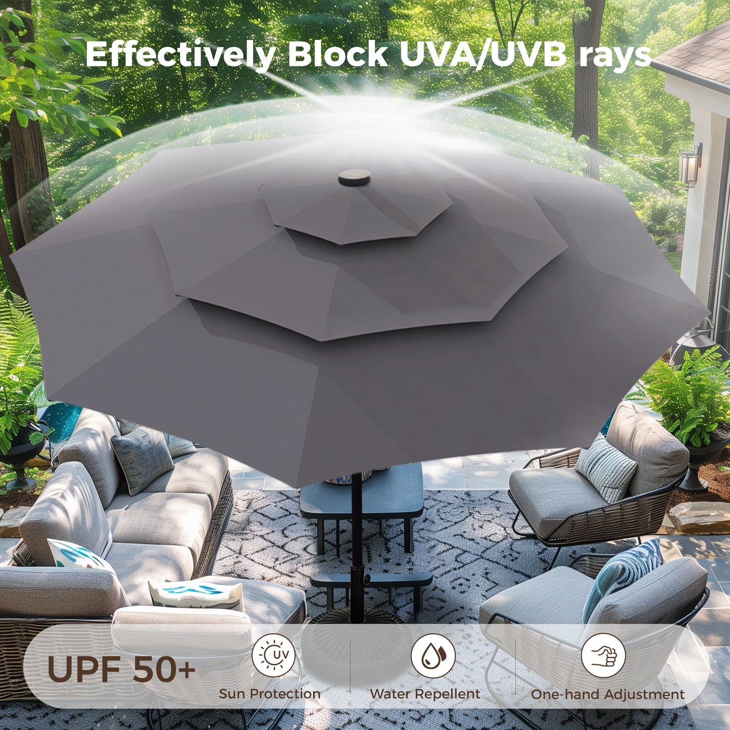 Alpha Joy 10ft 3 Tier Auto-tilt Outdoor Patio Umbrella Beach Garden Double Vented Table Umbrella with Solar Lights, Smoky Gray