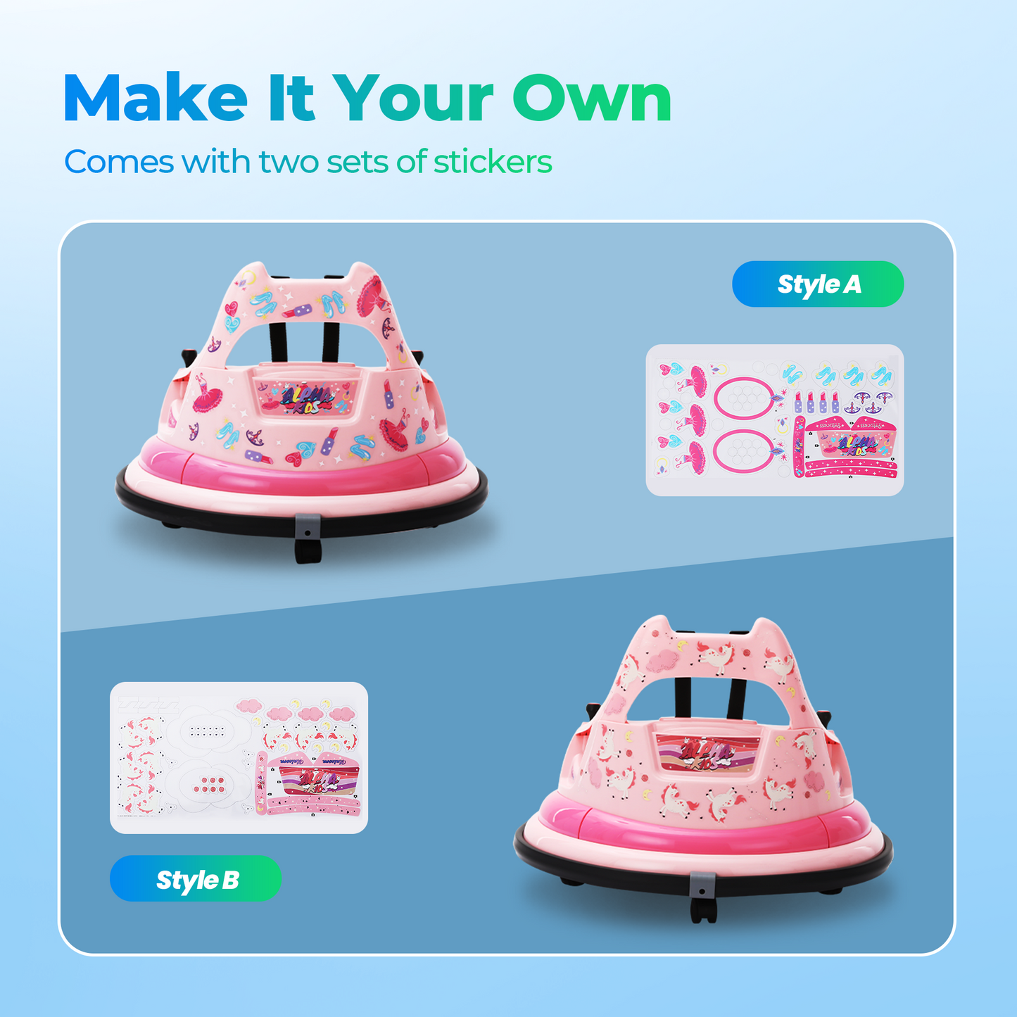 Sophia&William Bumper Car for Kids 12V Battery Powered Ride on w/Bluetooth Music, LED Lights, Remote Control, Electric Toy Car in 2 MPH with DIY Stickers, Pink