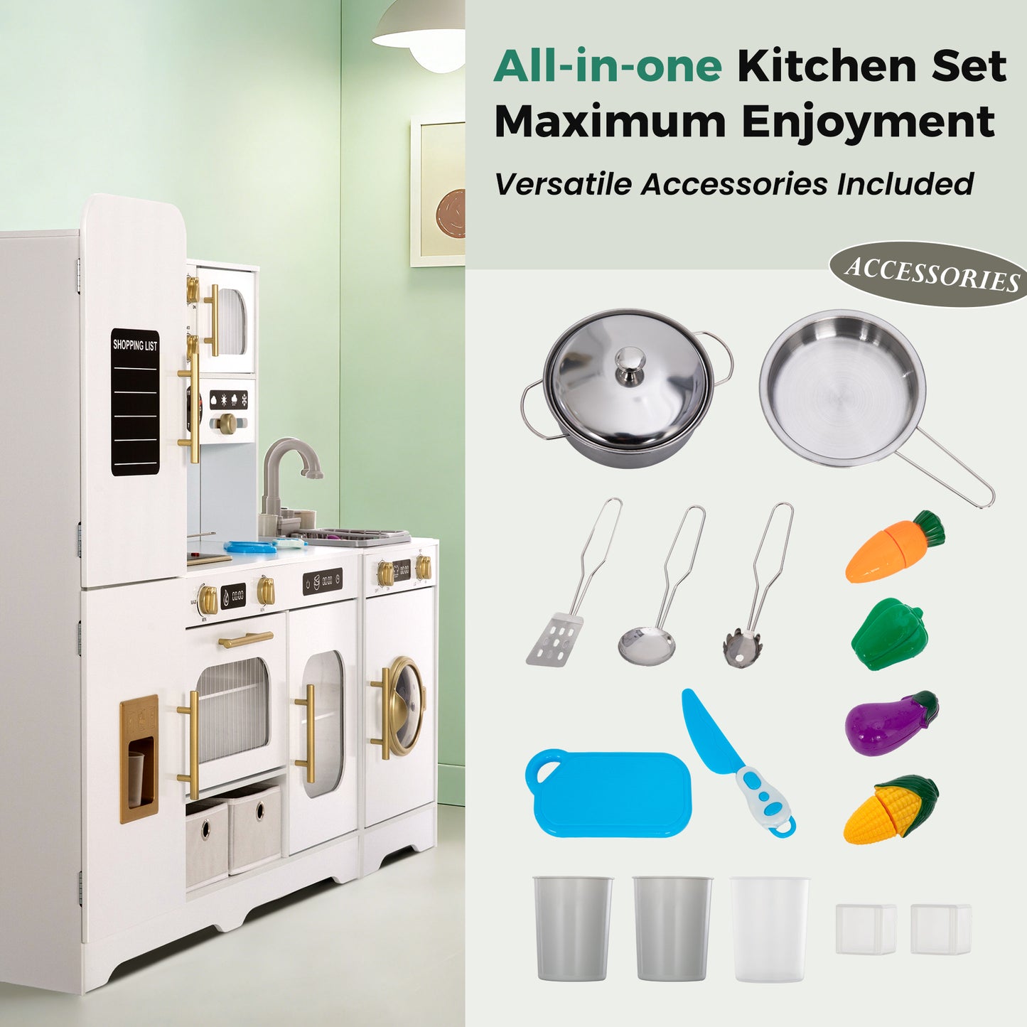 Alpha Joy Pretend Play Kitchen Large Wooden Toy Sets for Kids w/Realistic Sounds & Lights, Oven, Range Hood, Faucet, Sink, Cooking Accessories, Utensils, White