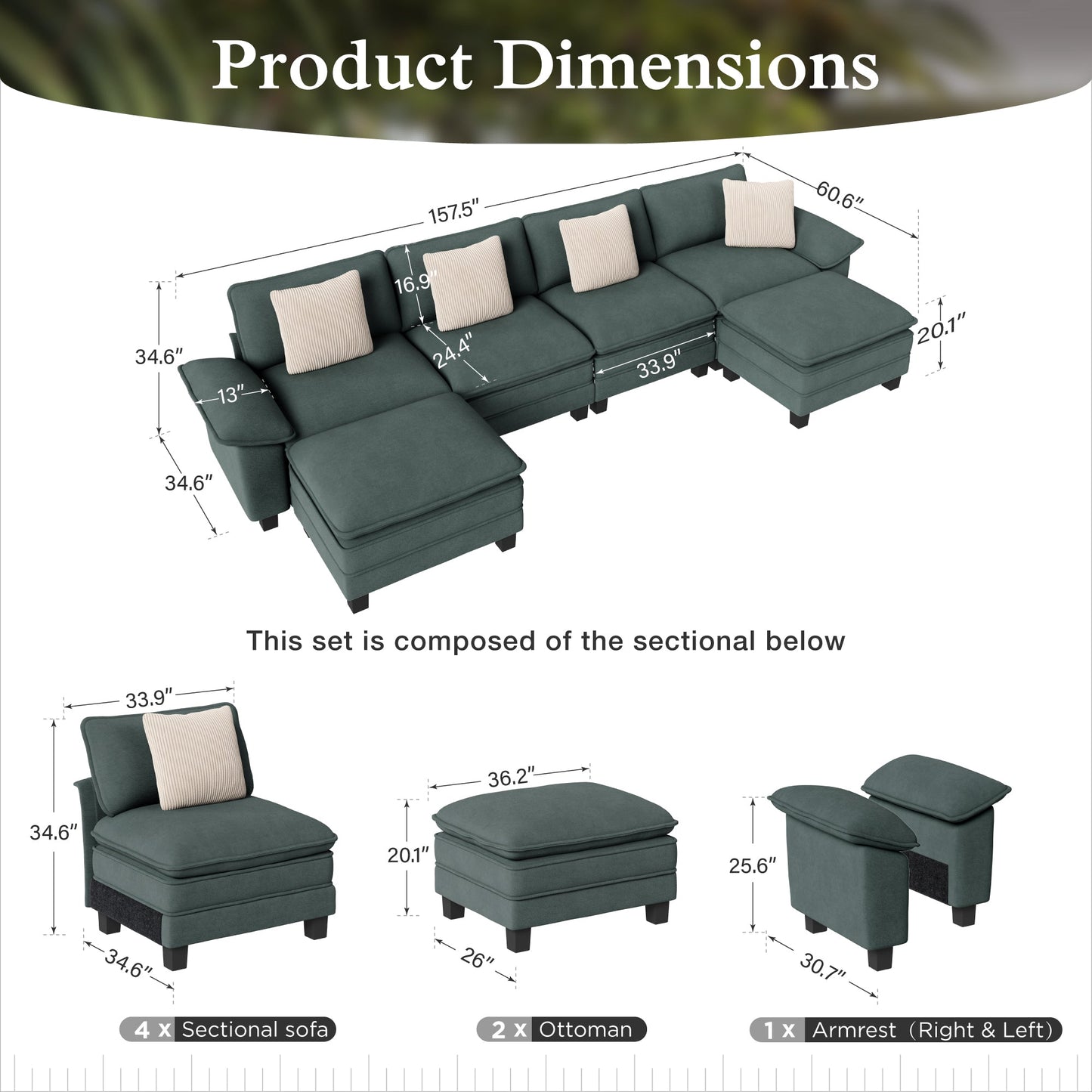 Sophia&William 157.5"L Convertible Sectional Sofa Couch, Modern Chenille Couch 6-Seat Modular Sofa for Living Room,Green