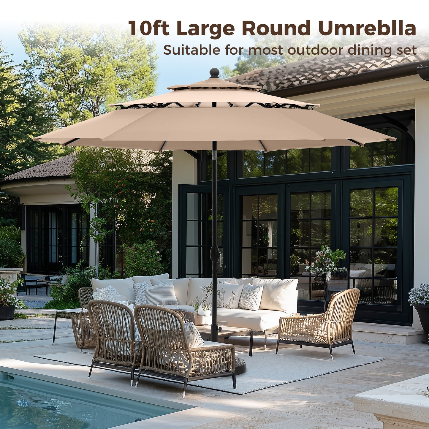 Alpha Joy 10ft 3 Tier Auto-Tilt Outdoor Patio Umbrella Beach Garden Double Vented Table Umbrella with Push Button and Crank, Beige & Tan