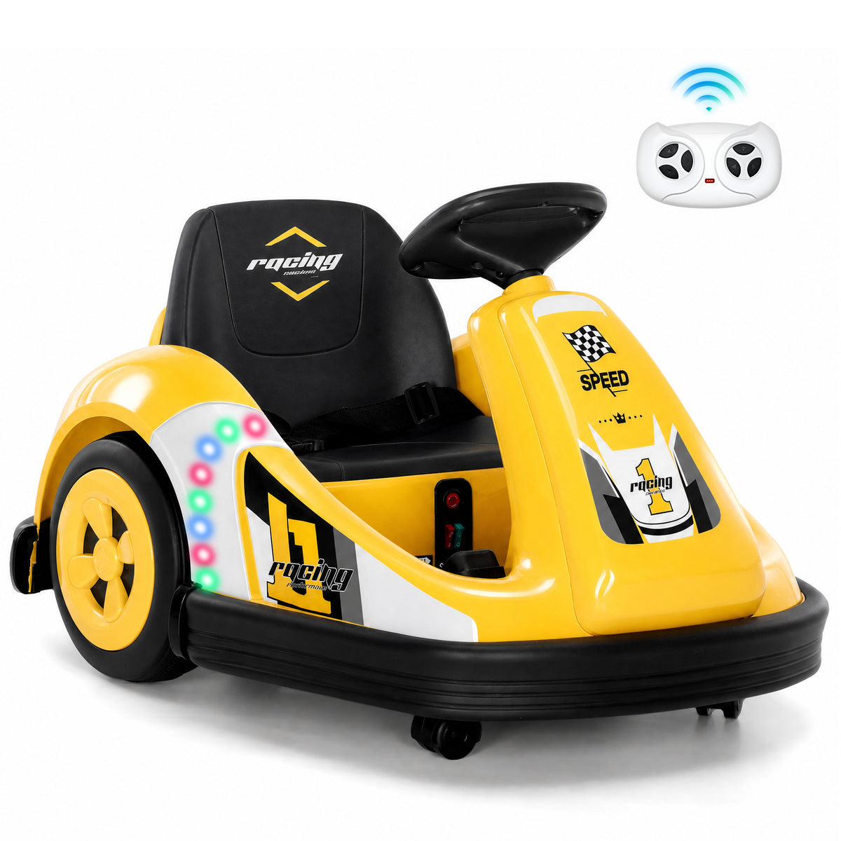 Alpha Joy Kids 12V Bumper Car with Steering Wheel & Remote Control, 3-Color LED Lights, 3 Speeds, Electric Ride-on Toys Car for 3-6 Years, Yellow