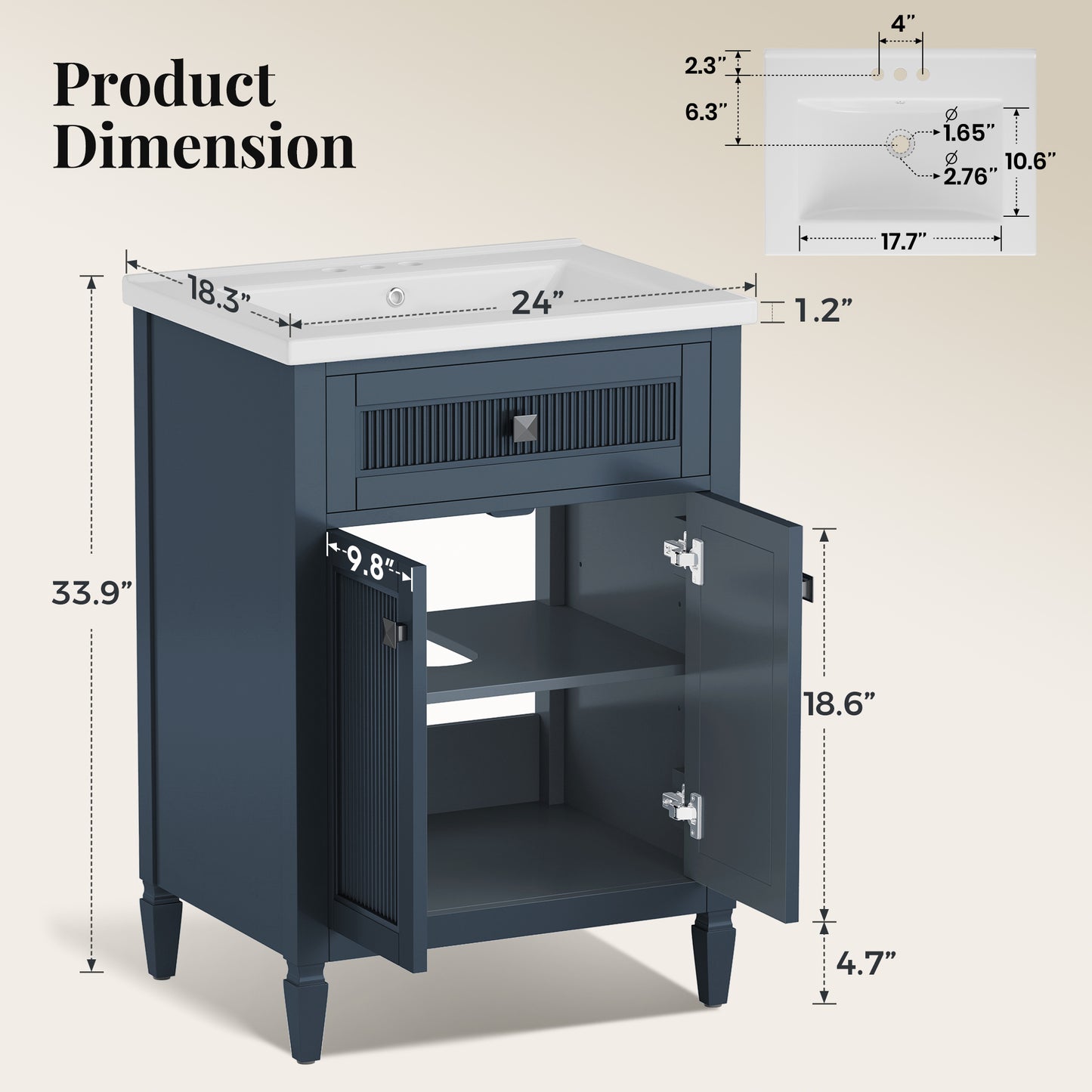 Sophia & William 24inch Bathroom Vanity with 5inch Deep Sink Freestanding Wood Bathroom Cabinet Vanity with 2 Doors & 3-Level Adjustable Shelf, Charcoal Blue