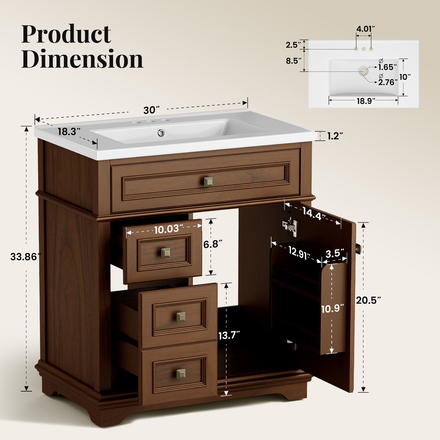 Sophia & William 30inch Bathroom Vanity with 5inch Deep Sink Freestanding Wood Bathroom Cabinet Vanity with 1 Door & 2 Drawers, Cherry Brown