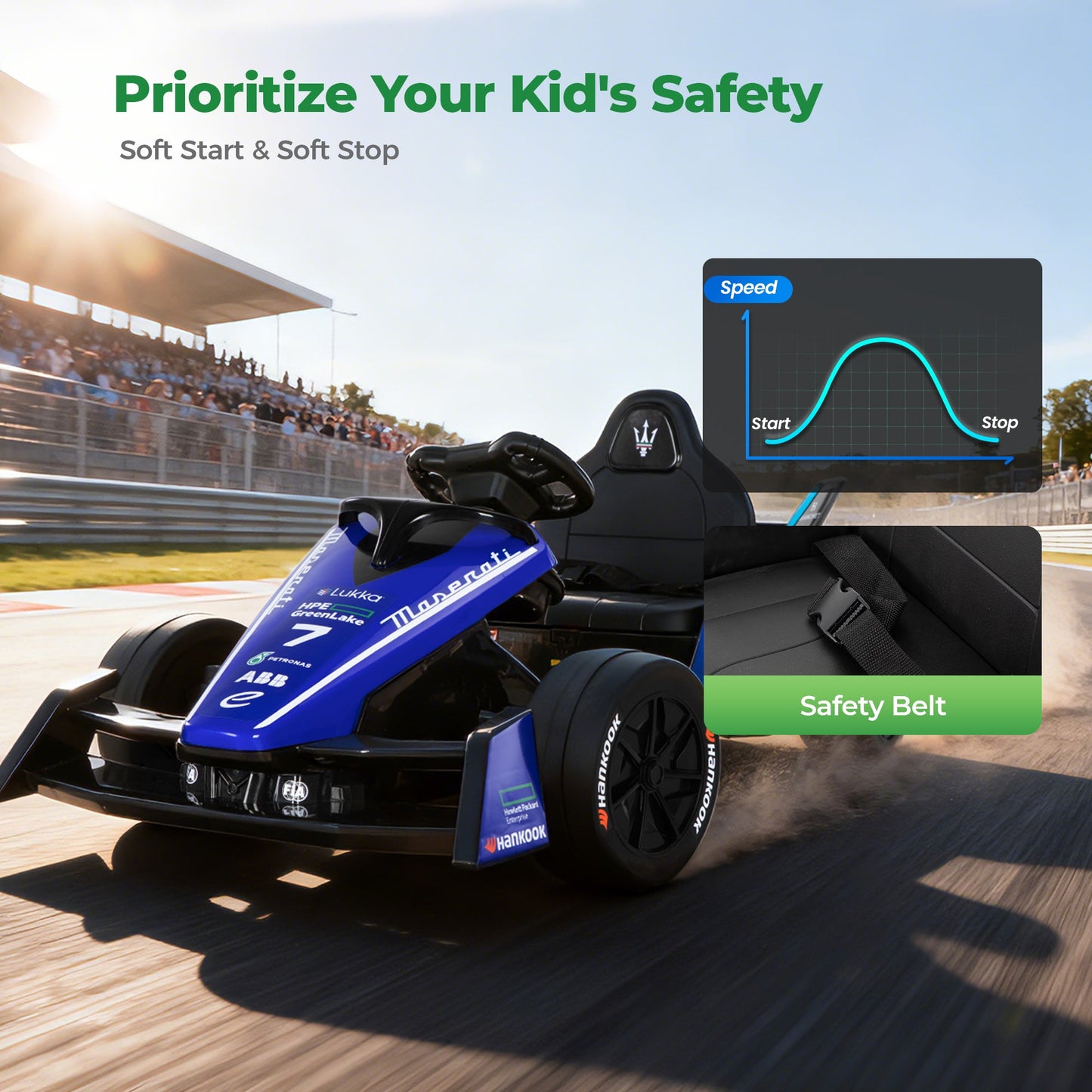 Alpha Joy Kids Drift Go-kart 12V 550W Power Ride on Crazy Cart w/Remote Control, LED Lights, Bluetooth Music, 3 Speeds, Electric Car for Kids Aged 3-8, Blue