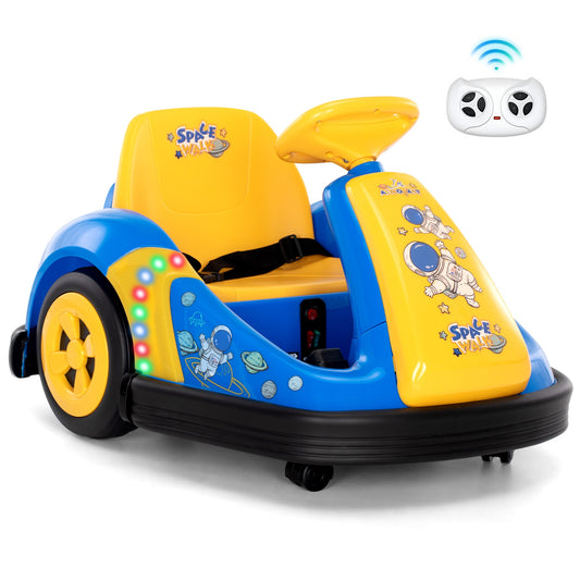 Alpha Joy Kids 12V Bumper Car with Steering Wheel & Remote Control, 3-Color LED Lights, 3 Speeds, Electric Ride-on Car for 3-6 Years, Blue