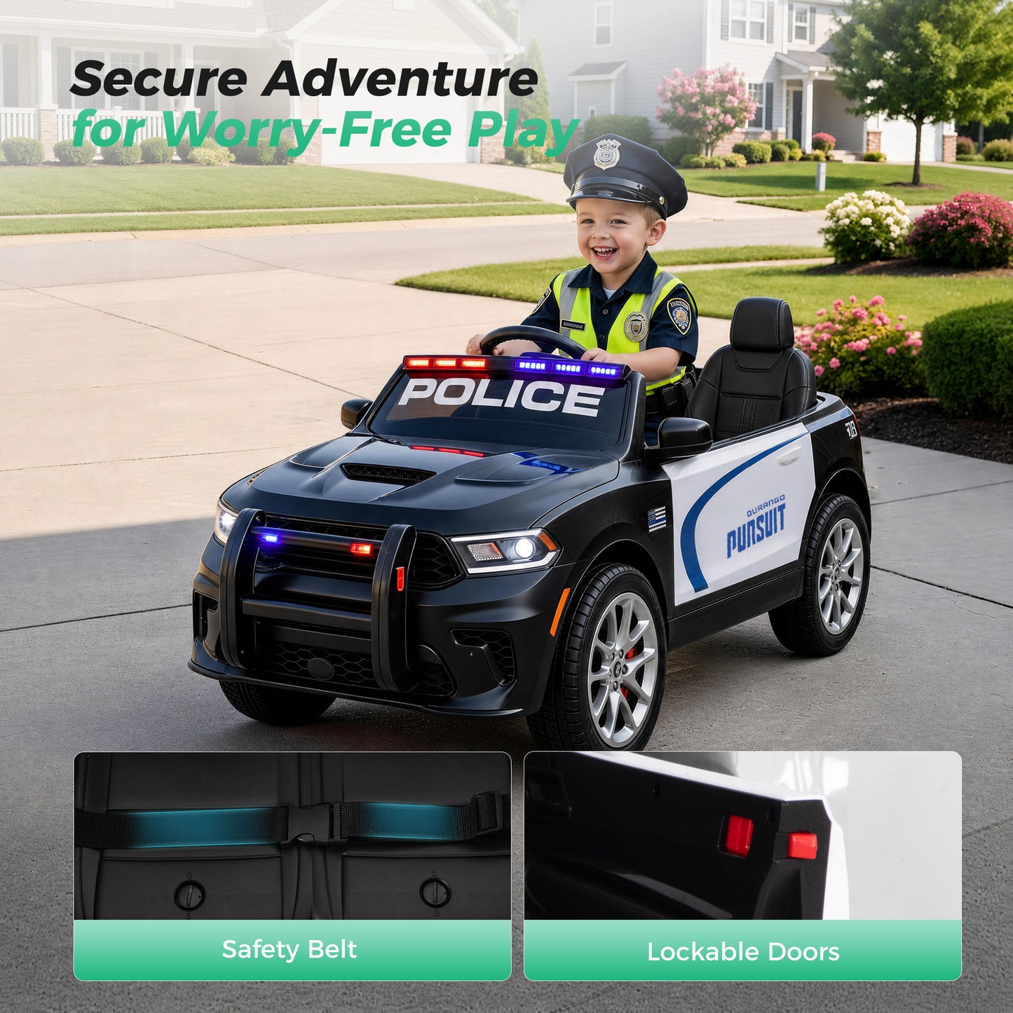 Alpha Joy 12V Kids Ride On 2-Seat Police Car with Megaphone, Remote Control, 3 Speeds, Electric Toy Car for Ages 3+, Black