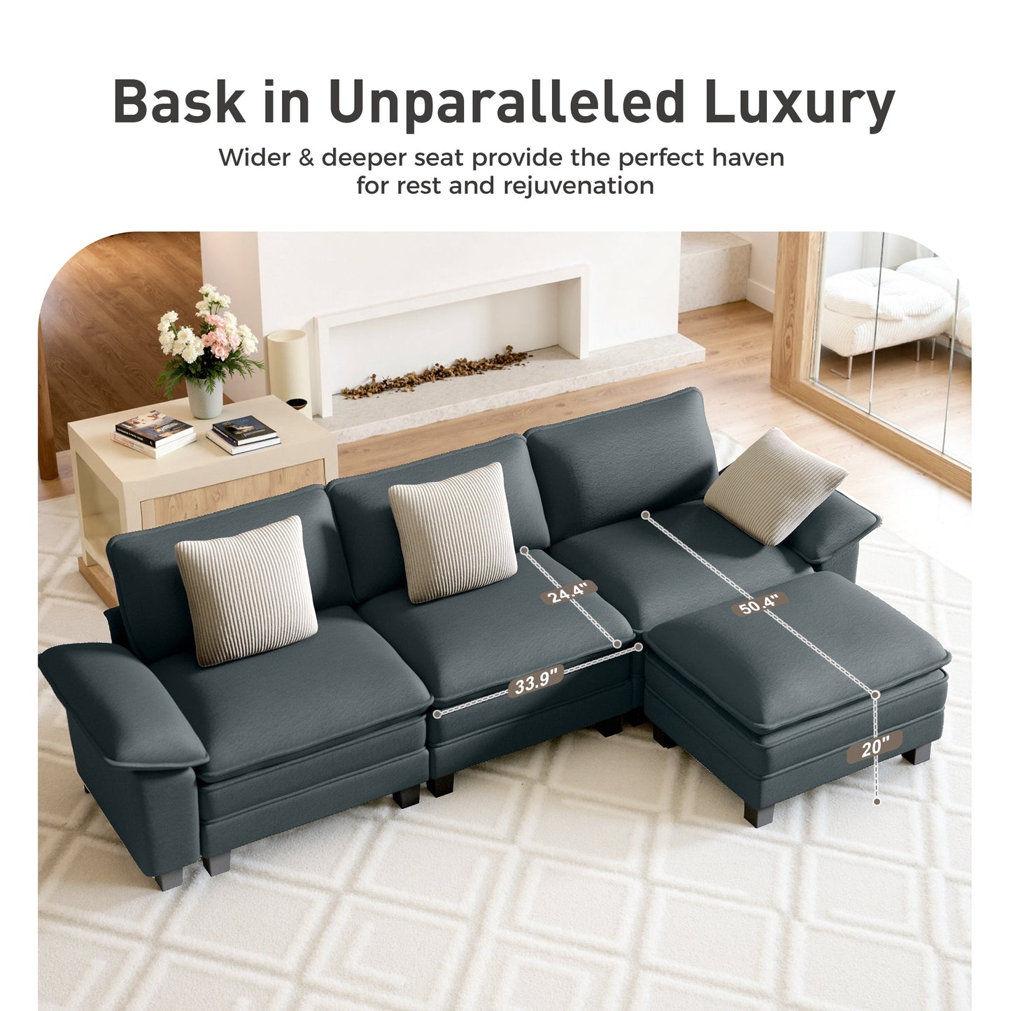 Sophia&William 123.6"L Convertible Chenille Sectional Sofa Couch, Modern 5-Seat Deep Sofa Modular with 3 Pillows & 2 Ottomans, Pillows for Living Room,Blue