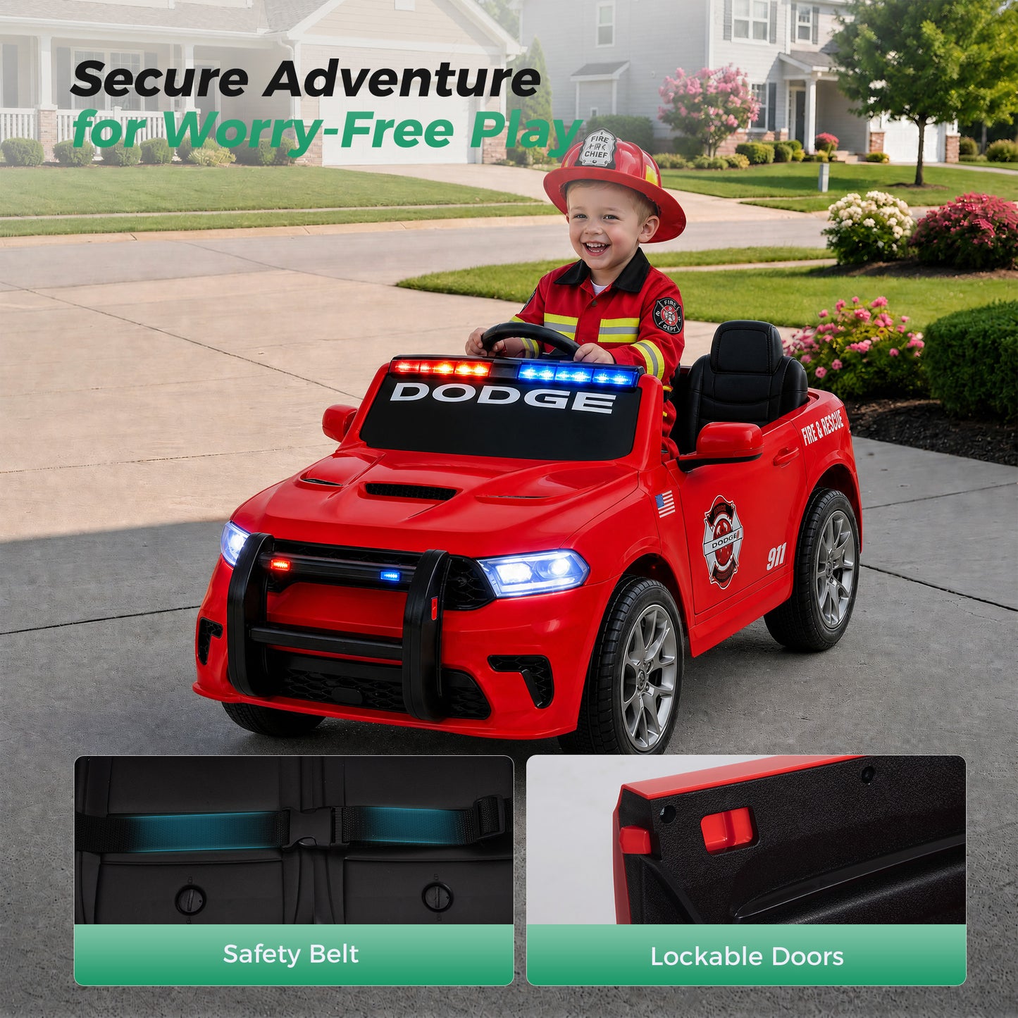 Alpha Joy 12V Kids Ride On 2-Seat Fire Truck with Megaphone, Remote Control, 3 Speeds, Electric Toy Car for Ages 3+, Red