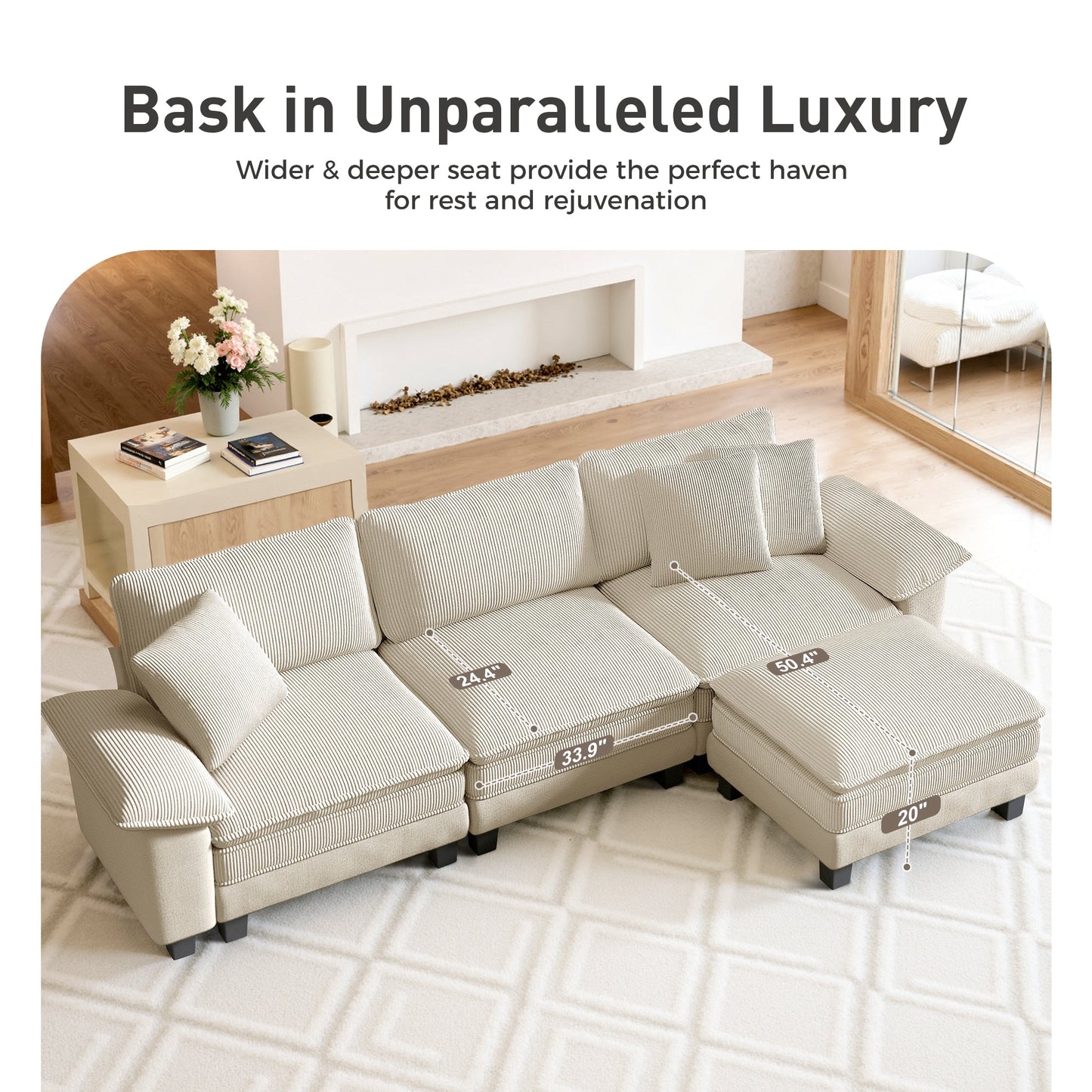 Sophia&William 123.6"L Convertible Sectional Sofa Couch, 5-Seat Modern Chenille Cloud Couch Deep Seat with Corduroy Frame & 5 Pillows for Living Room, Apartment, White