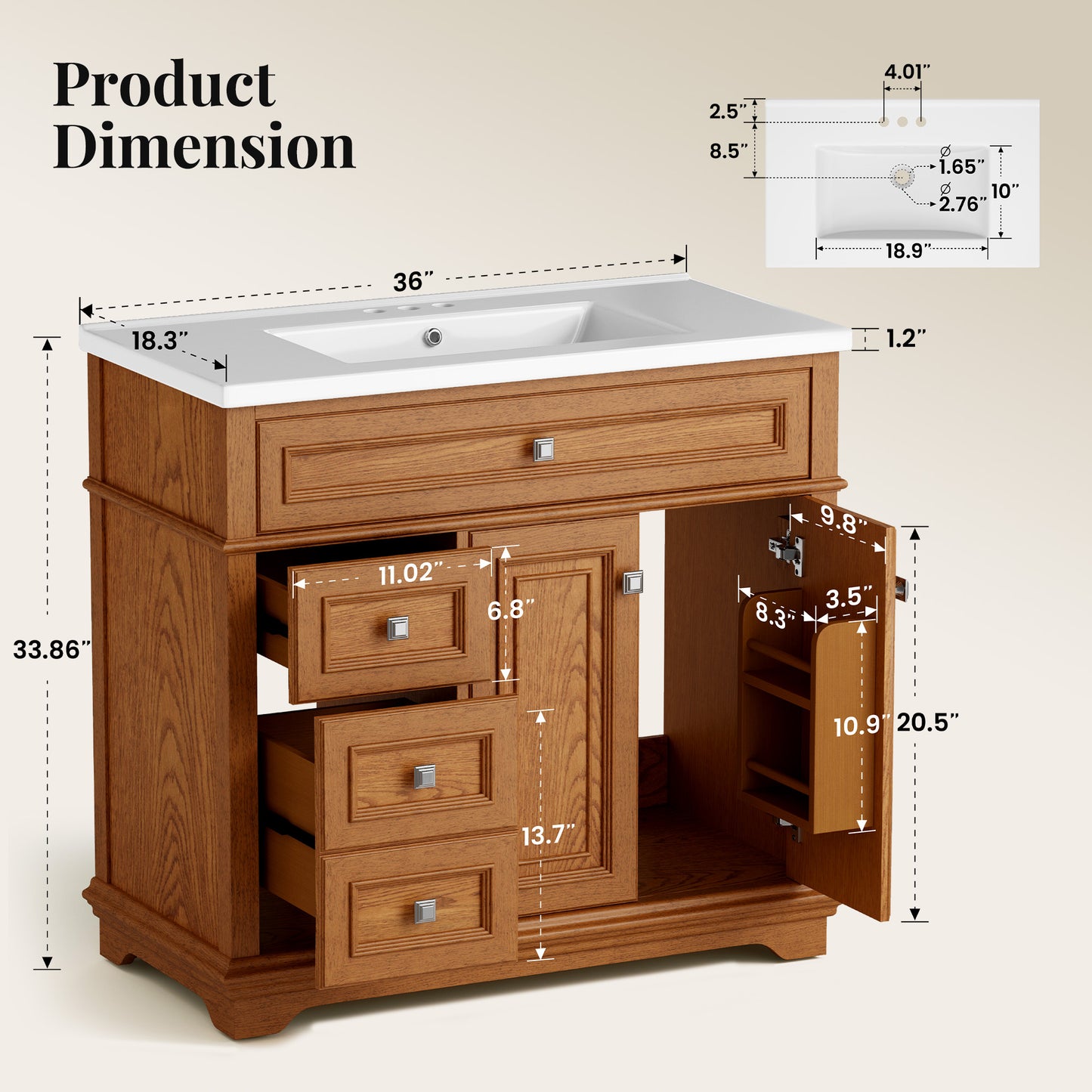 Sophia & William 36inch Bathroom Vanity with 5inch Deep Sink Freestanding Wood Bathroom Cabinet Vanity with 2 Doors with Shelf & 2 Drawers, Teak
