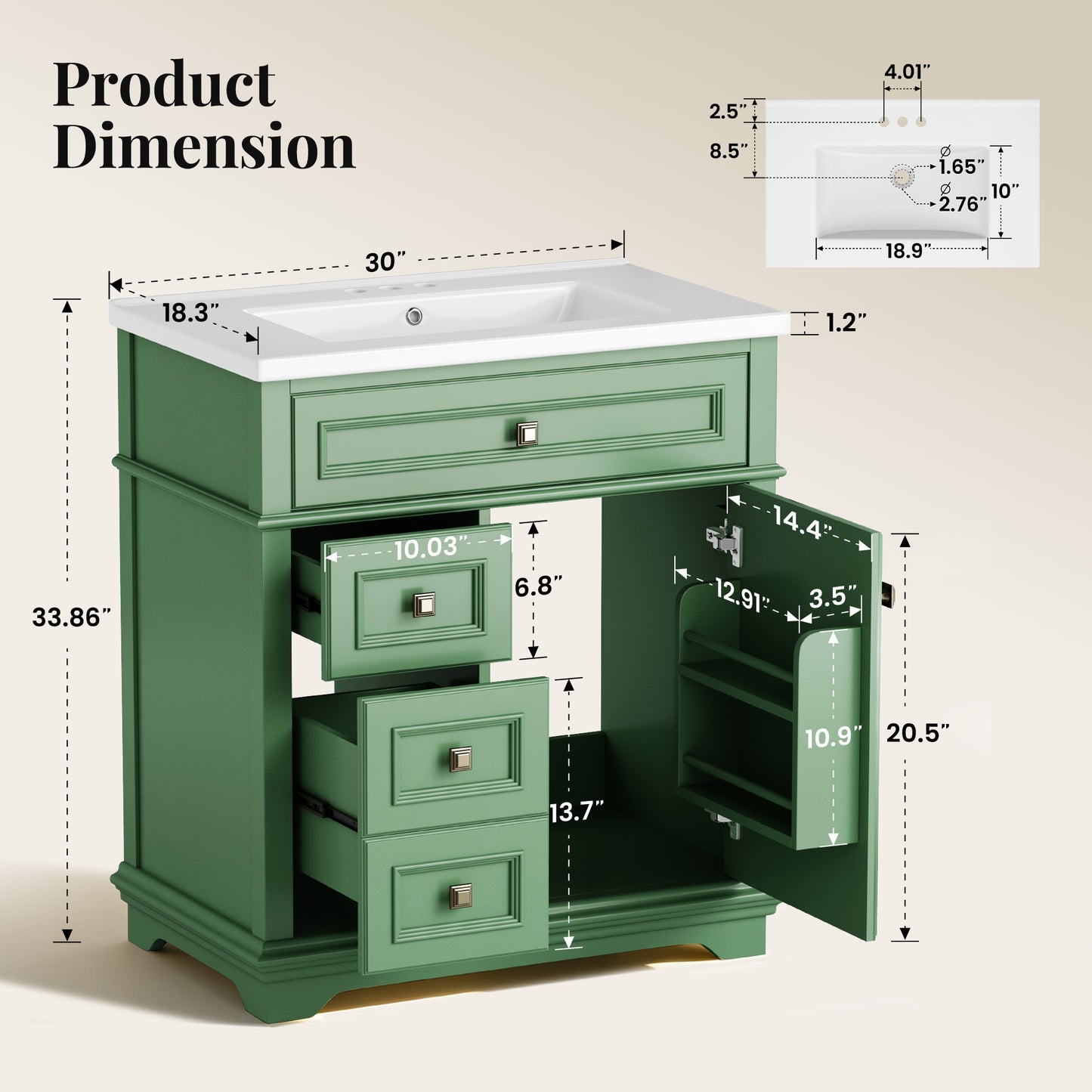 Sophia & William 30inch Bathroom Vanity with 5inch Deep Sink Freestanding Wood Bathroom Cabinet Vanity with 1 Door & 2 Drawers, Sage Green