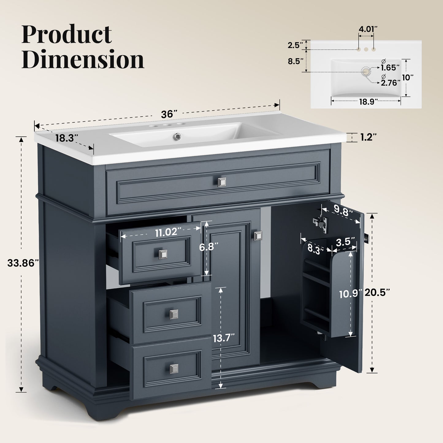 Sophia & William 36inch Bathroom Vanity with 5inch Deep Sink Freestanding Wood Bathroom Cabinet Vanity with 2 Doors with Shelf & 2 Drawers, Charcoal Blue