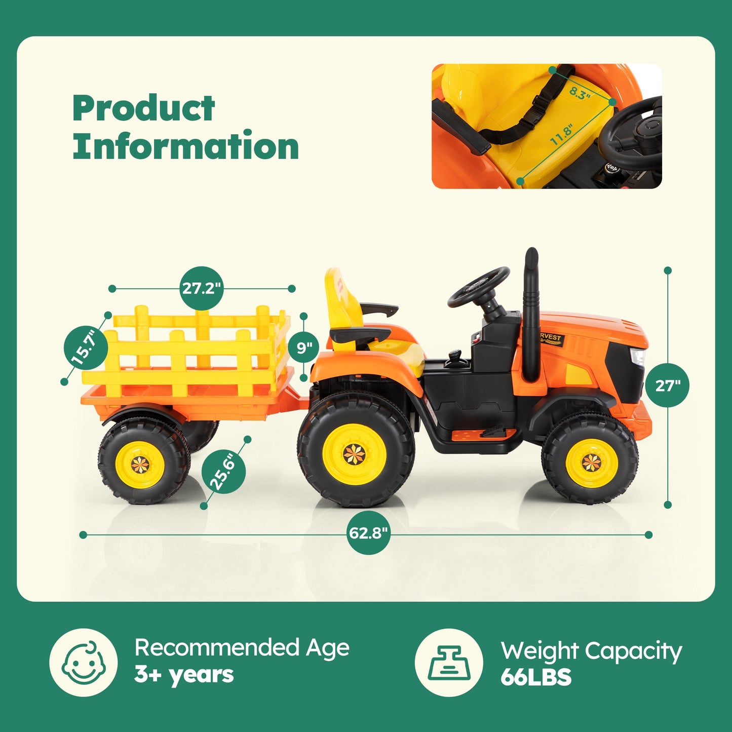 Alpha Joy 24V Powered Ride on Tractor with Detachable Trailer Electric Toy Car with Remote Control, Tippable Trailer, USB, Headlight, Bluetooth, 3 Speed Adjustable for Kids 3+, Orange