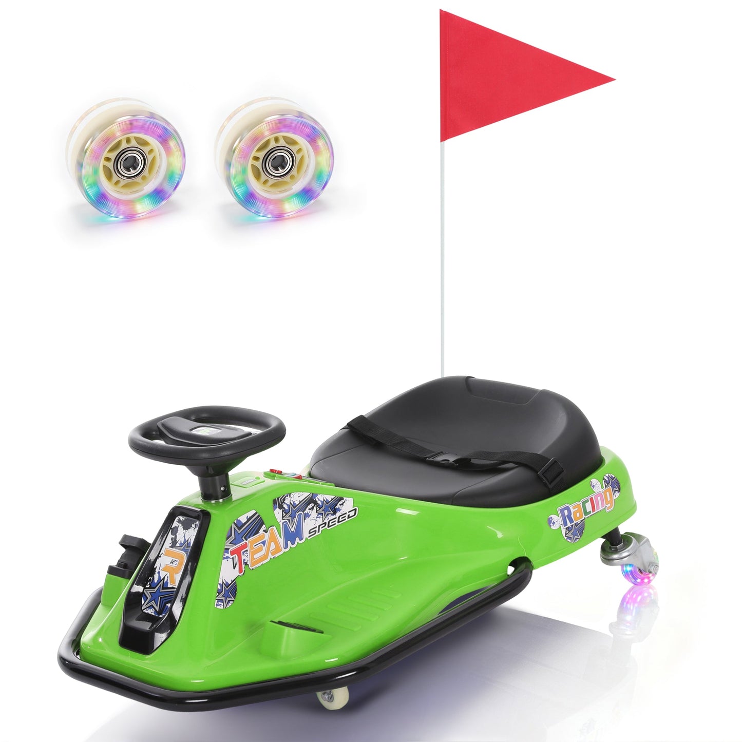 Alpha Joy Kids Crazy Drift Car 24V 182W Electric Drifting Go-Kart w/Rechargeable Battery, Colorful Light, Bluetooth Music & Safety Harness, Green