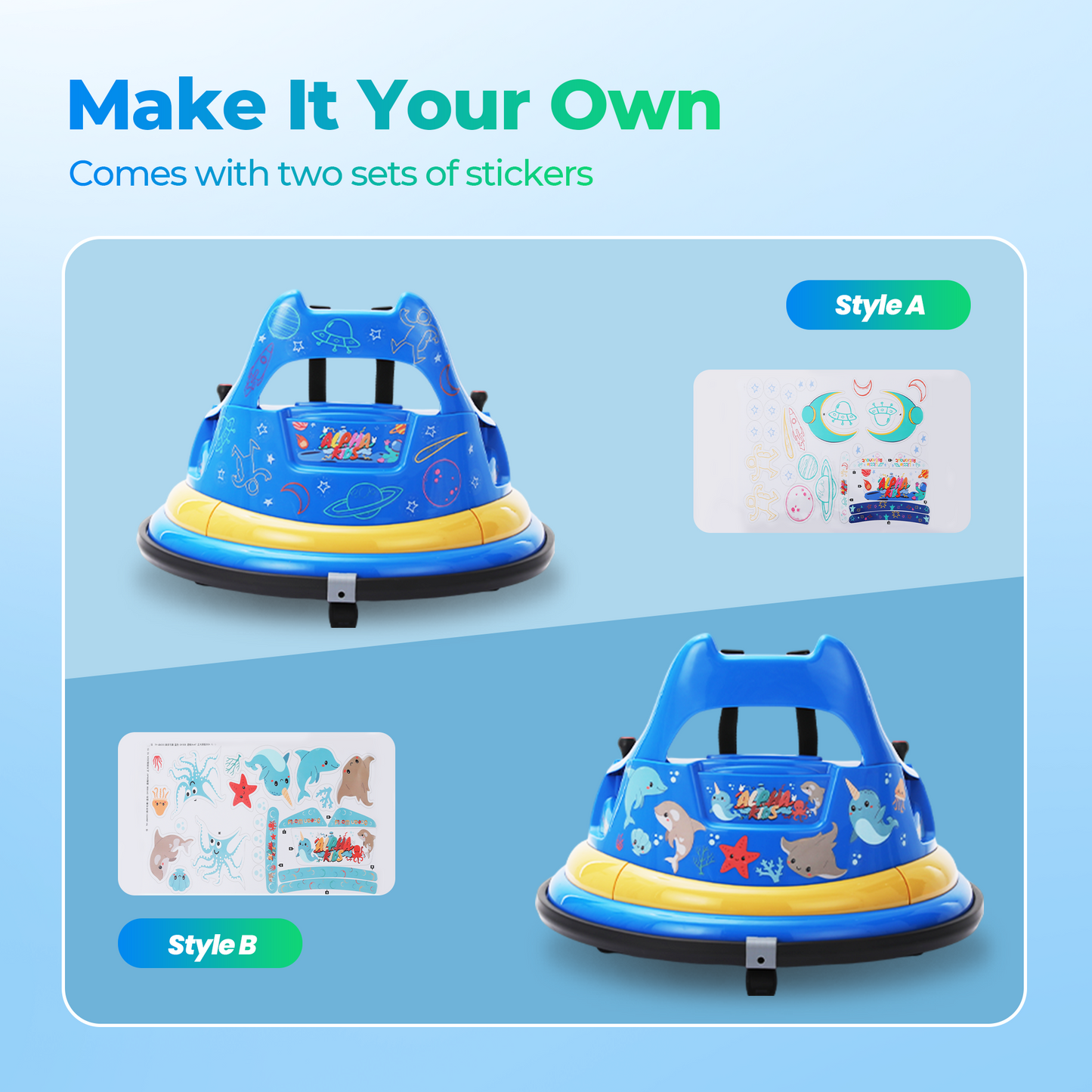 Sophia&William Bumper Car for Kids 12V Battery Powered Ride on w/Bluetooth Music, LED Lights, Remote Control, Electric Toy Car in 2 MPH with DIY Stickers, Blue