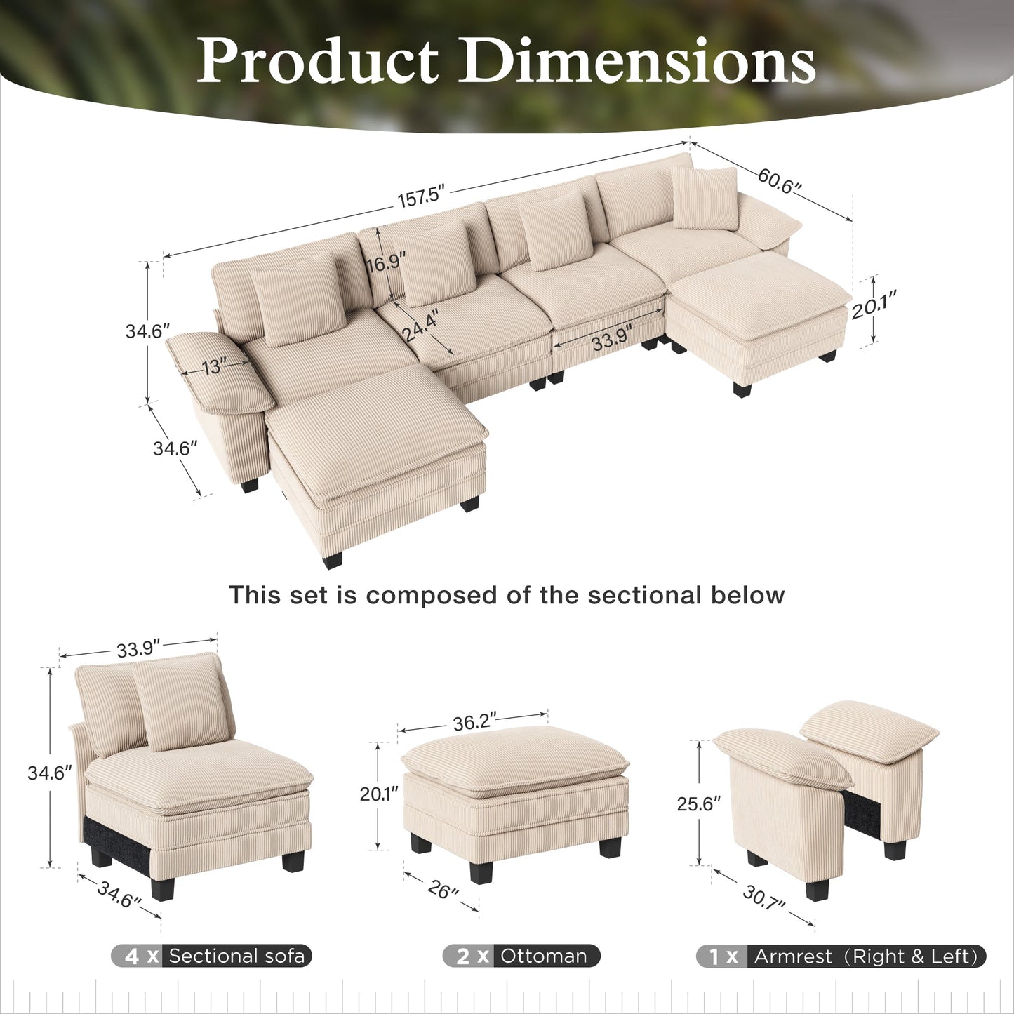 Sophia&William 157.5"L Convertible Sectional Sofa Couch, Modern Corduroy Couch 6-Seat Modular Sofa for Living Room,Beige