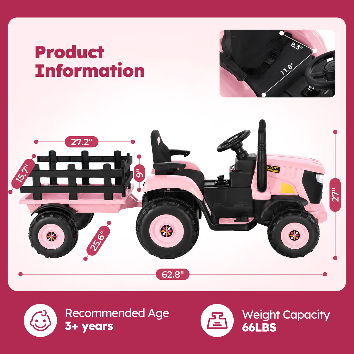 Alpha Joy 24V Powered Ride on Tractor with Detachable Trailer Electric Toy Car with Remote Control, Tippable Trailer, USB, Headlight, Bluetooth, 3 Speed Adjustable for Kids 3+, Pink