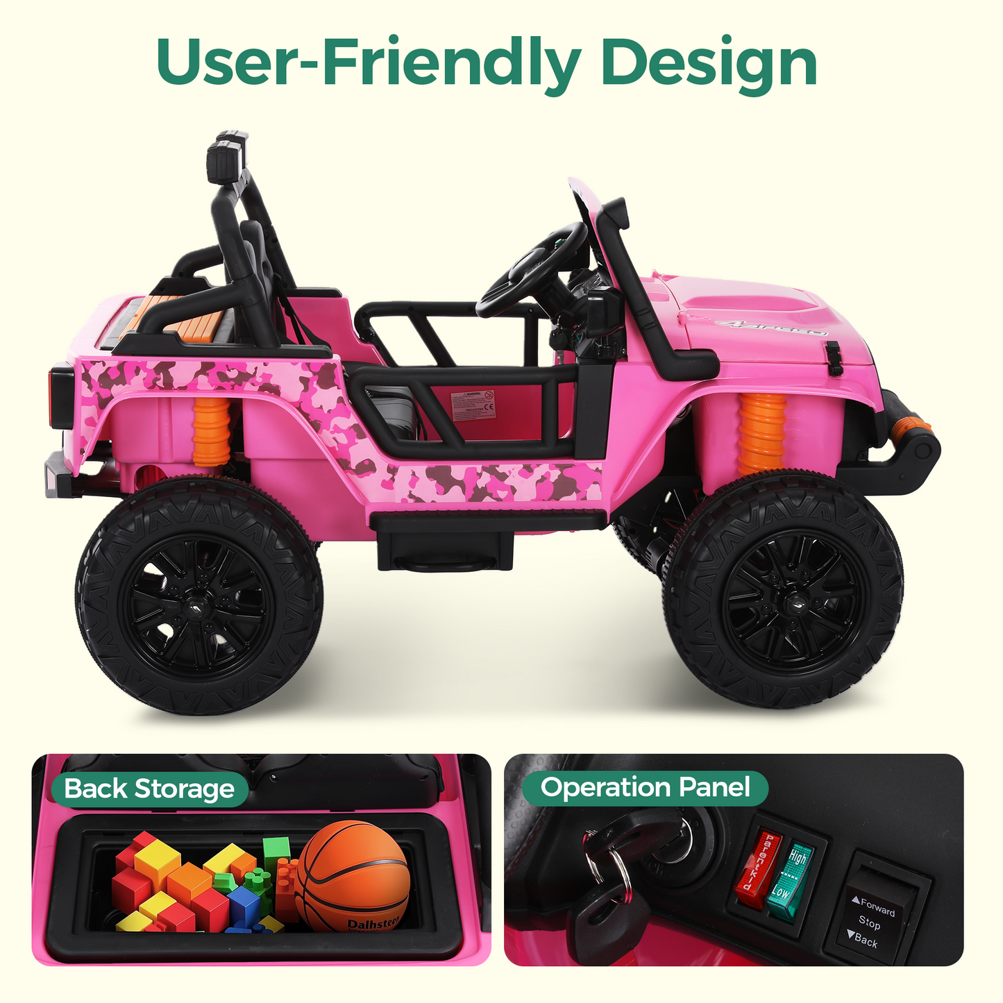Alpha Joy 2-Seater Kids Ride on Truck 24V Electric Jeep Car with Remote Control Battery Powered Toy Car w/2 Speeds, LED Lights, Detachable Spotlights, Bluetooth Music, Pink
