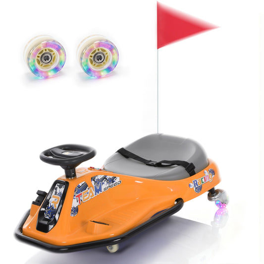 Alpha Joy Kids Crazy Drift Car 24V 180W Electric Drifting Go-Kart w/Rechargeable Battery, Colorful Light, Bluetooth Music & Safety Harness, Orange