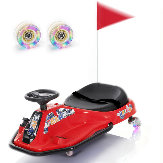 Alpha Joy Kids Crazy Drift Car 24V 181W Electric Drifting Go-Kart w/Rechargeable Battery, Colorful Light, Bluetooth Music & Safety Harness, Red
