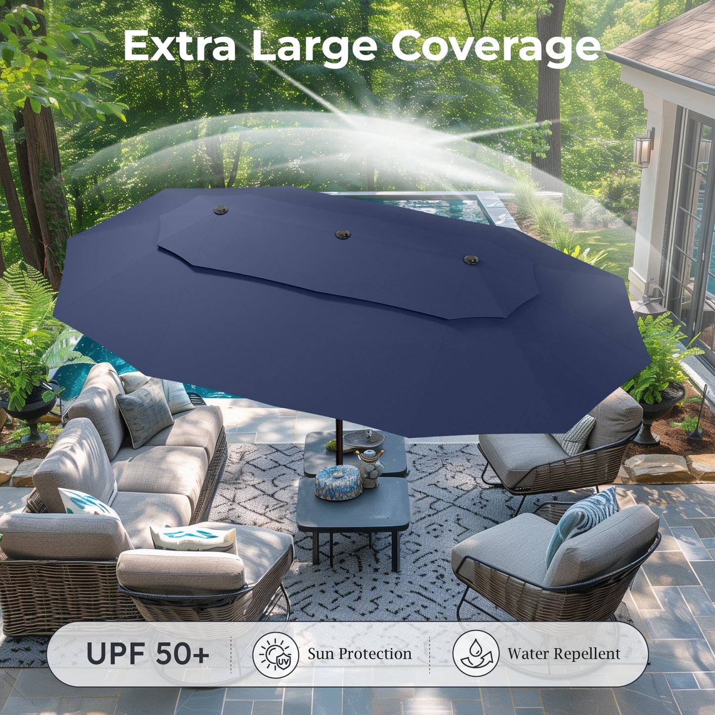Alpha Joy 15ft Outdoor Patio Umbrella Extra-Large Double-Sided Garden Umbrella with Ventilation and Base - Navy
