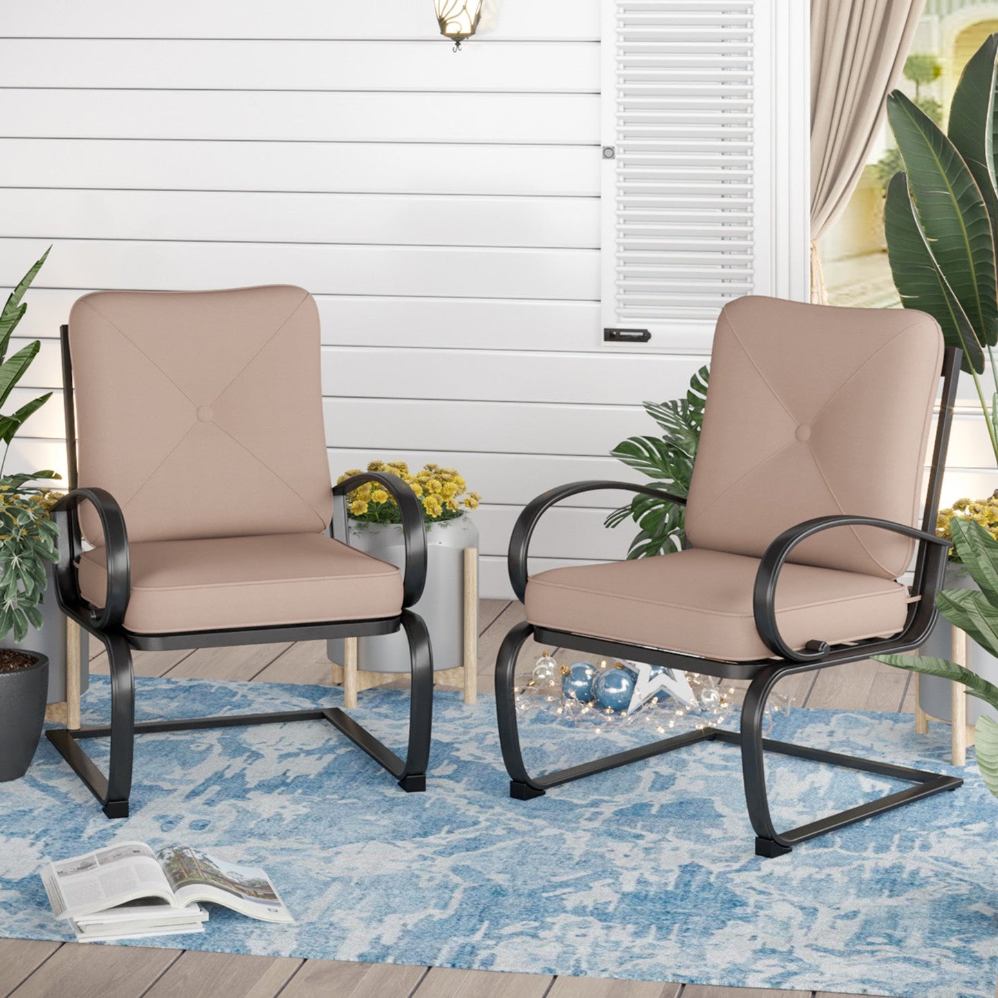Sophia & William 2-Piece Patio C-Spring Dining Chairs Steel Frame with Beige Cushion