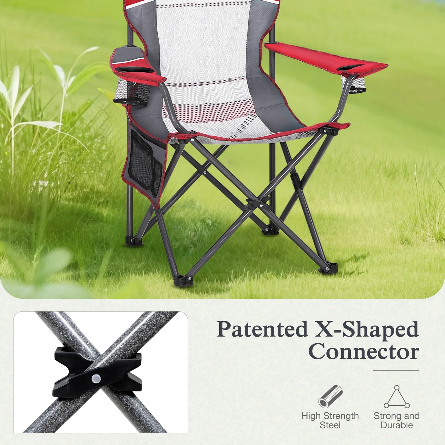 Sophia & William Oversized Camping Chair Portable Mesh Folding Chair with Cup Holder Supports Up to 450Lbs for Outdoor, Fishing, Beach, Backyard， Red