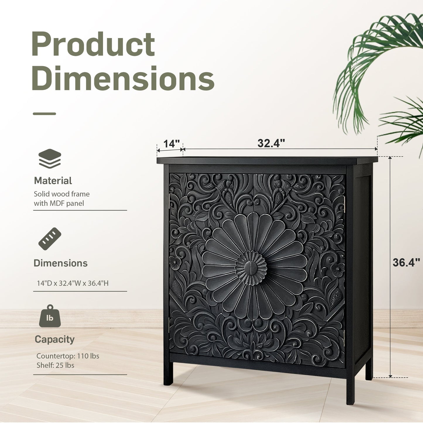 Alpha Joy Accent Cabinet with 2 Doors, Wood Entryway Cabinet with Flower Pattern in Wood Frame for Living Room, Dining Room, Black