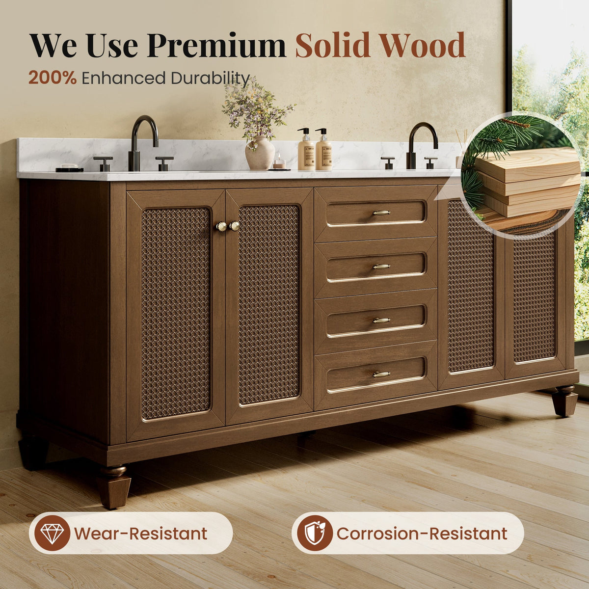 Sophia & William 72" Bathroom Vanity with Double Sink Freestanding Wood Bathroom Cabinet Vanity with 2 Doors of Adjustable Shlves, 2 Pull-out Drawers and 1 Elevated Drawer, Hickory