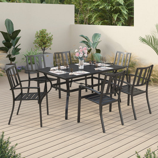 Sophia & William 7 Piece Metal Outdoor Patio Dining Bistro Sets with 6 Striped Armrest Chairs and 60" x 38"x28" Steel Frame Slat Rectangular Table,Black