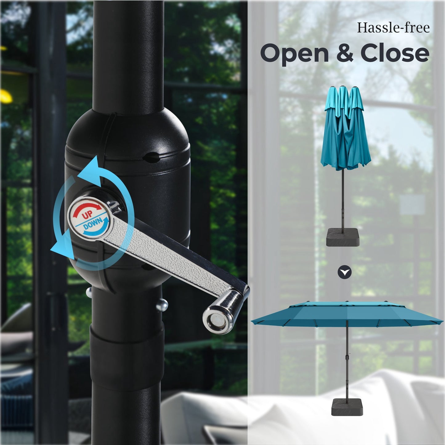Alpha Joy 15ft Dual-Layer Outdoor Patio Umbrella Extra-Large Double-Sided Garden Umbrella with Ventilation and Base - Blue & Green