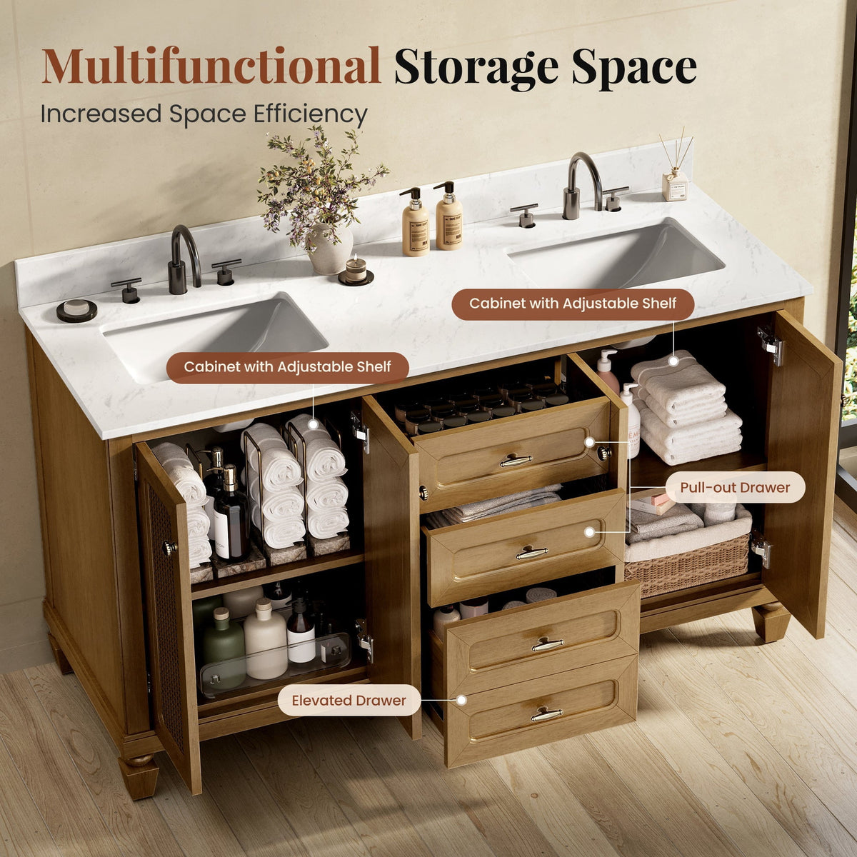 Sophia & William 60" Bathroom Vanity with Double Sink Freestanding Wood Bathroom Cabinet Vanity with 2 Doors of Adjustable Shlves, 2 Pull-out Drawers and 1 Elevated Drawer, Light Oak