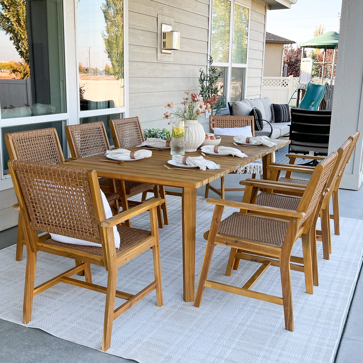 Sophia & William 9 Pieces Acacia Wood Outdoor Patio Dining Set Wicker Rattan Chairs and Rectangle Table Furniture Set for Lawn, Garden, Backyard