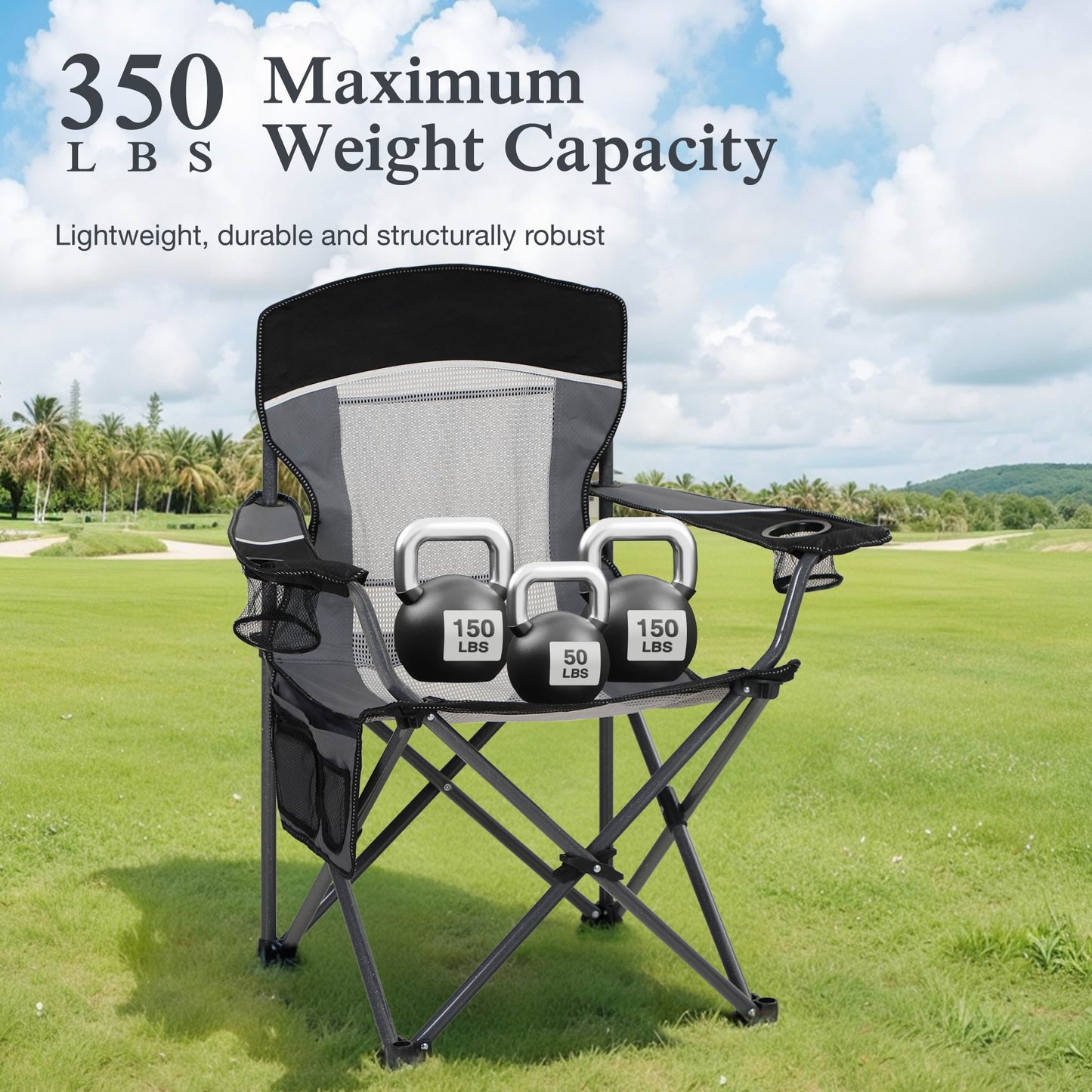 Sophia & William 2 Pack Oversized Camping Chair Portable Mesh Folding Chair with Cup Holder Supports Up to 450Lbs for Outdoor, Fishing, Beach, Backyard， Black