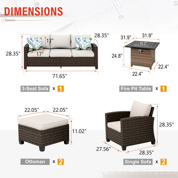 Sophia & William 7-seat Wicker Patio Converation Set with Fire Pit Table, Beige