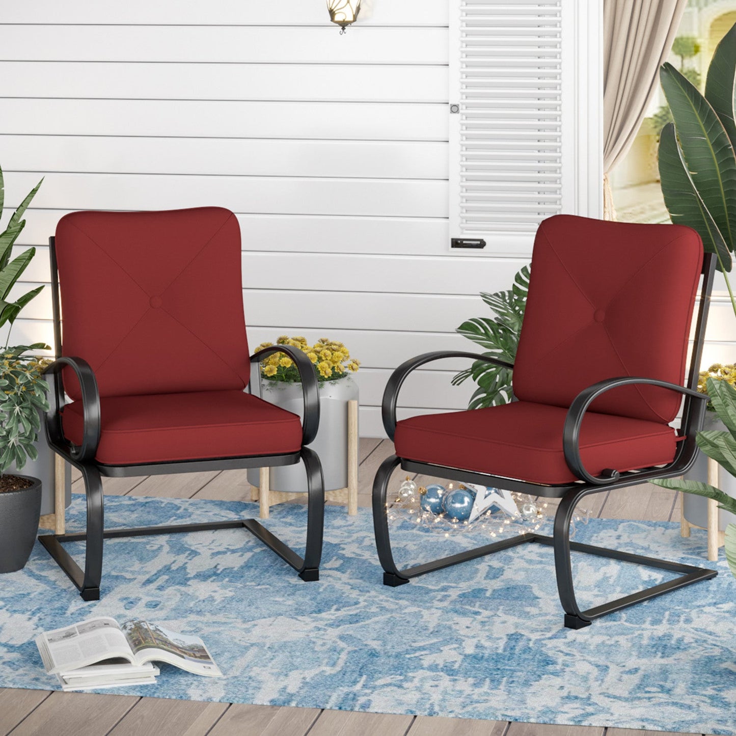 Sophia & William 2-Piece Patio C-Spring Dining Chairs Steel Frame with Red Cushion