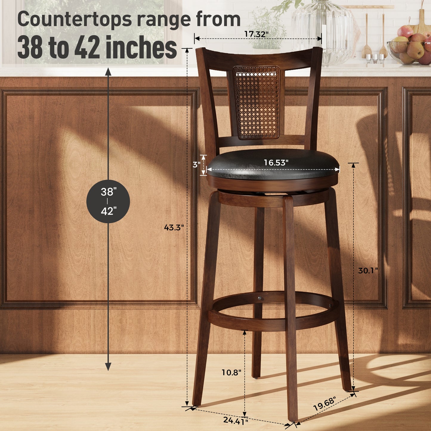 Sophia & William 30" Swivel Bar Stools, Set of 4 with Curved Backrest Durable Wood Frame Padded Counter Stools for Kitchen Island,Black