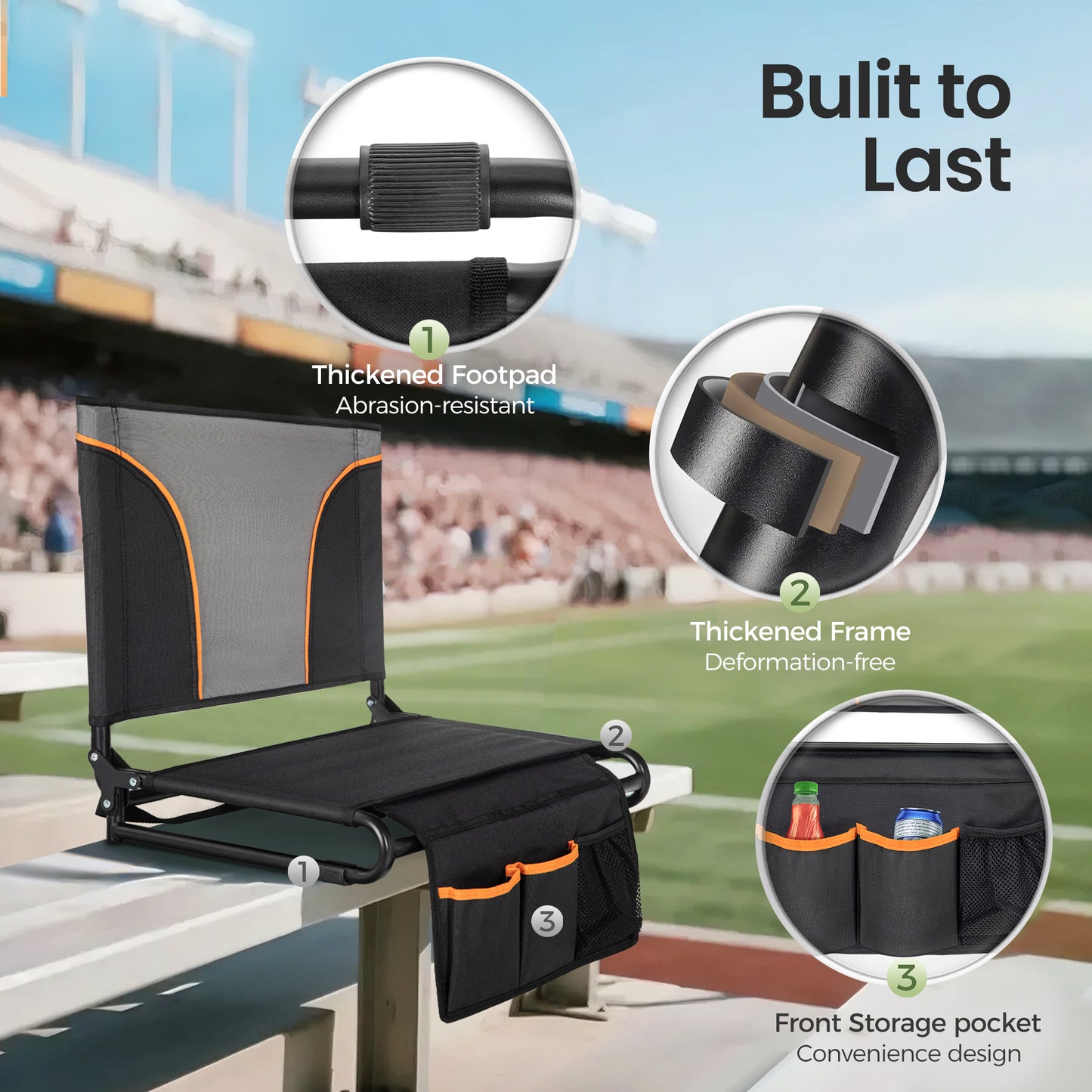 Sophia&William Set of 2 Portable Stadium Chair Stadium Seat for Bleacher with Storage Pocket, Black