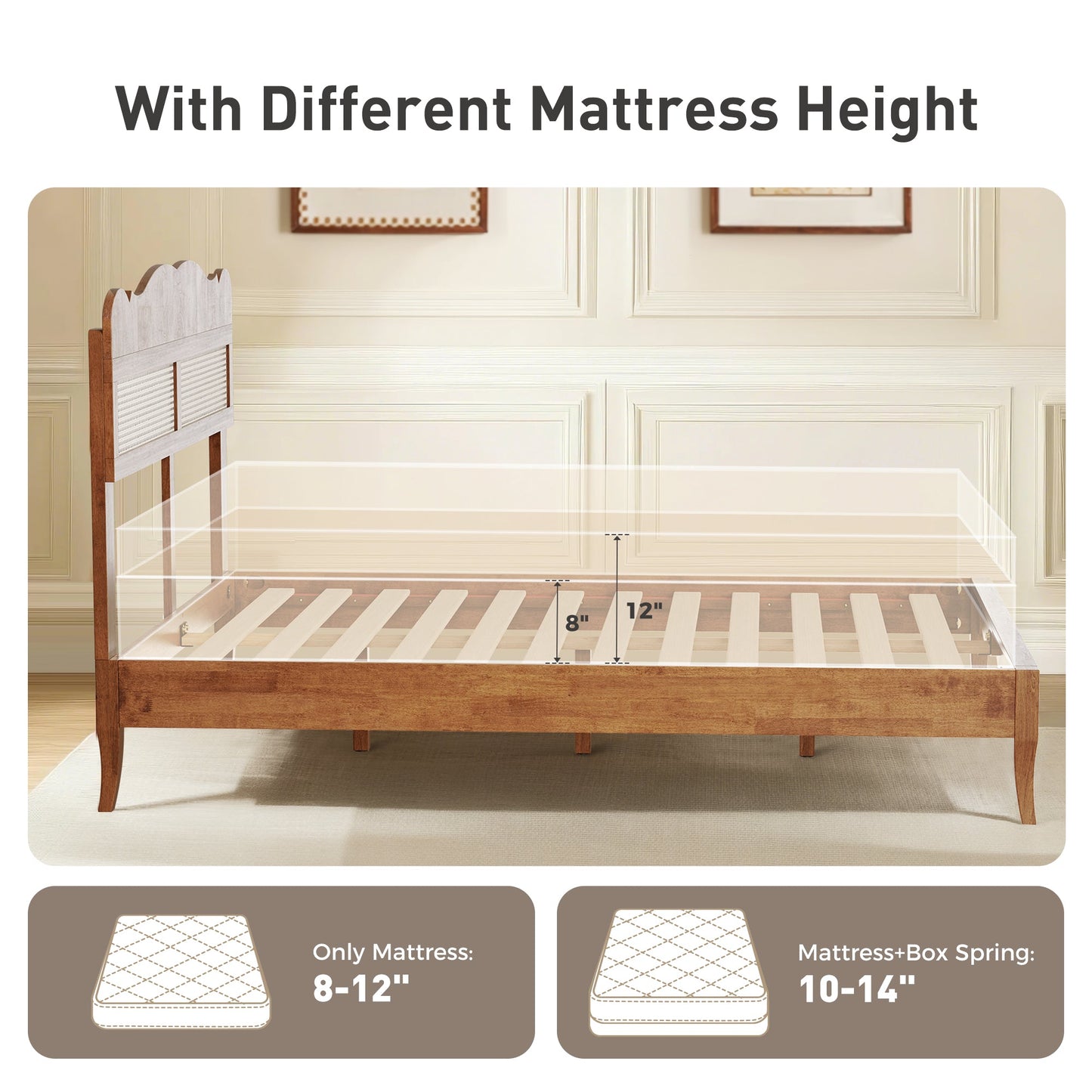 Sophia & William Full Size Wood Platform Bed Frame with Wooven Rattan Headboard & Wooden Slats,No Box Spring Needed