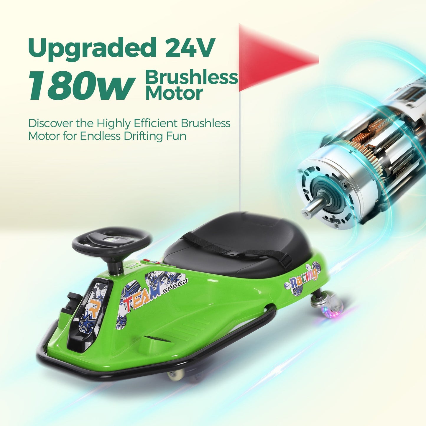 Alpha Joy Kids Crazy Drift Car 24V 182W Electric Drifting Go-Kart w/Rechargeable Battery, Colorful Light, Bluetooth Music & Safety Harness, Green