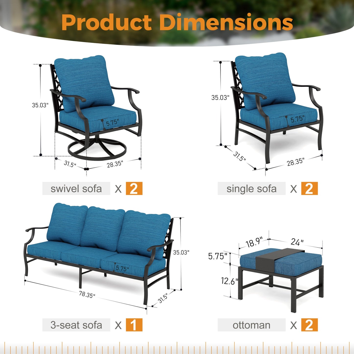 Sophia&William 9 Seat Patio Conversation Set Outdoor Sofa Furniture Set with Ottomans, Pacific Blue