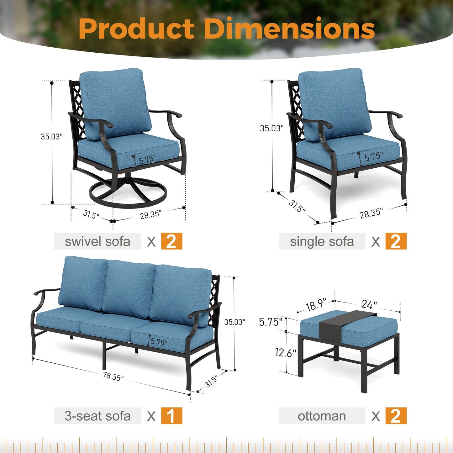 Sophia&William 9 Seat Patio Conversation Set Outdoor Sofa Furniture Set with Ottomans, Navy Blue