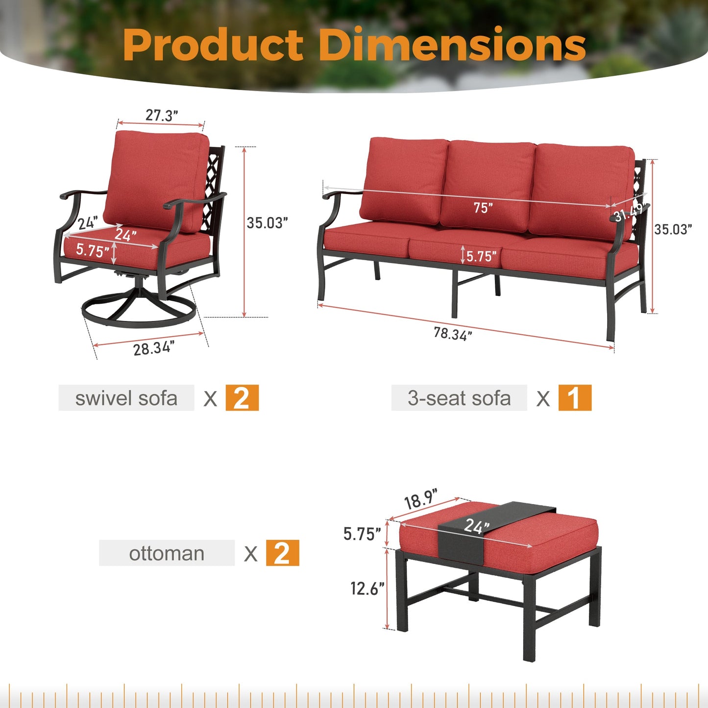 Sophia&William 7 Seat Patio Conversation Set Outdoor Sofa Furniture Set with Ottomans, Red
