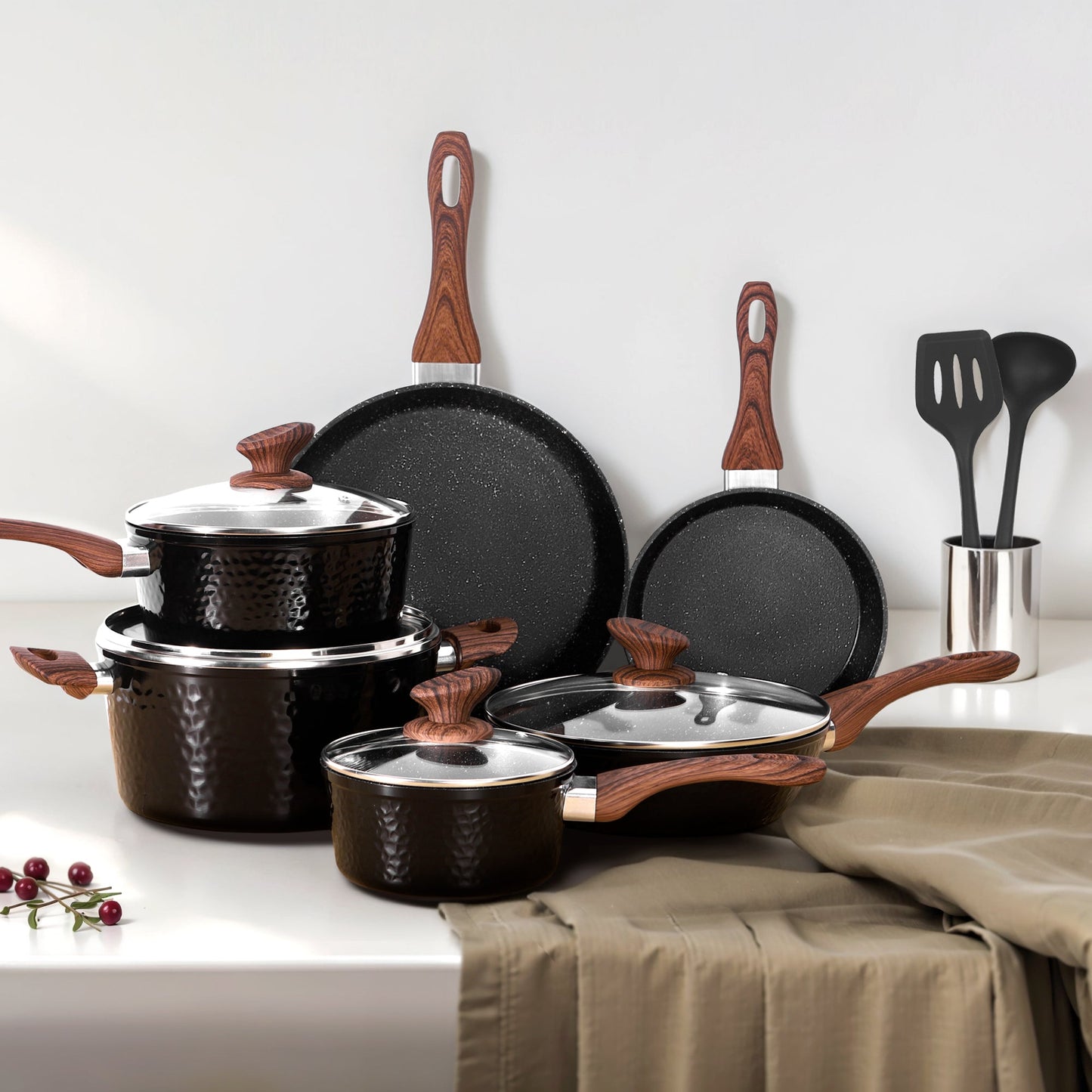 Sophia & William 12 Pieces Induction Nonstick Cookware Sets, Black