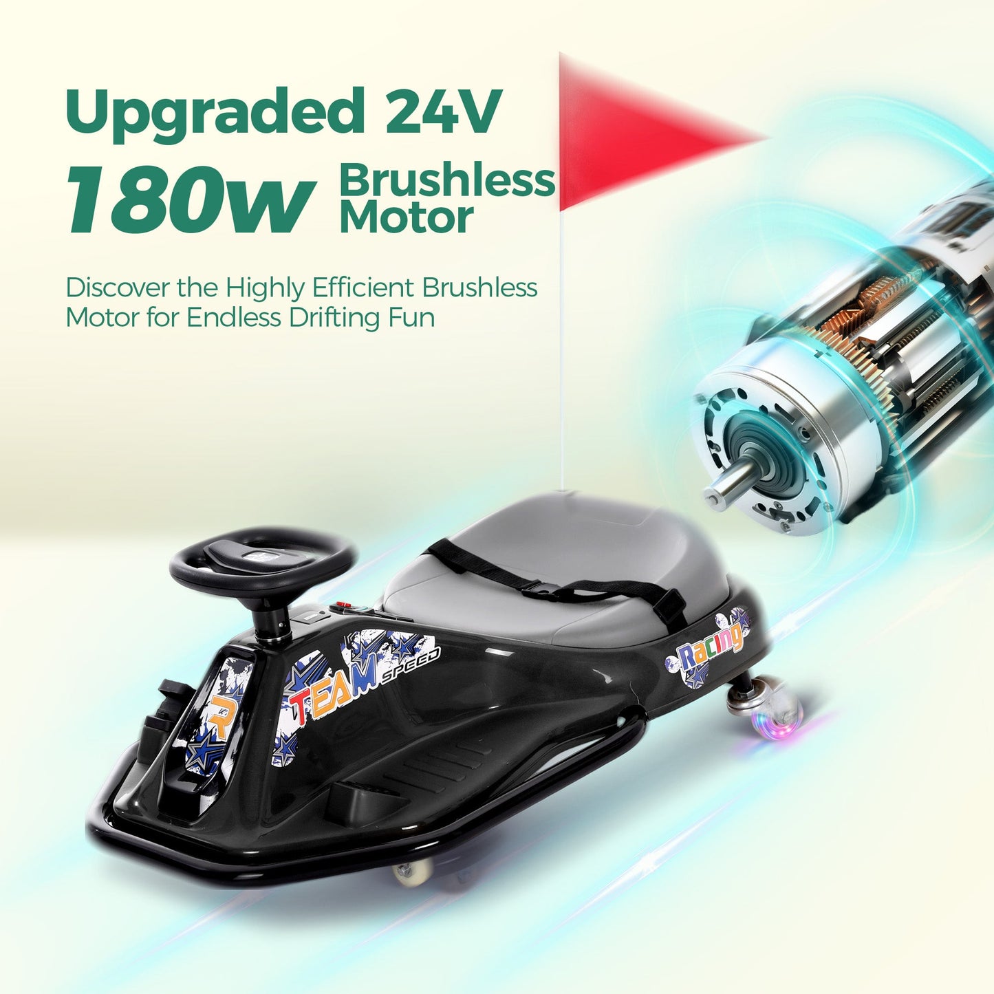 Alpha Joy Kids Crazy Drift Car 24V 180W Electric Drifting Go-Kart w/Rechargeable Battery, Colorful Light, Bluetooth Music & Safety Harness, Black