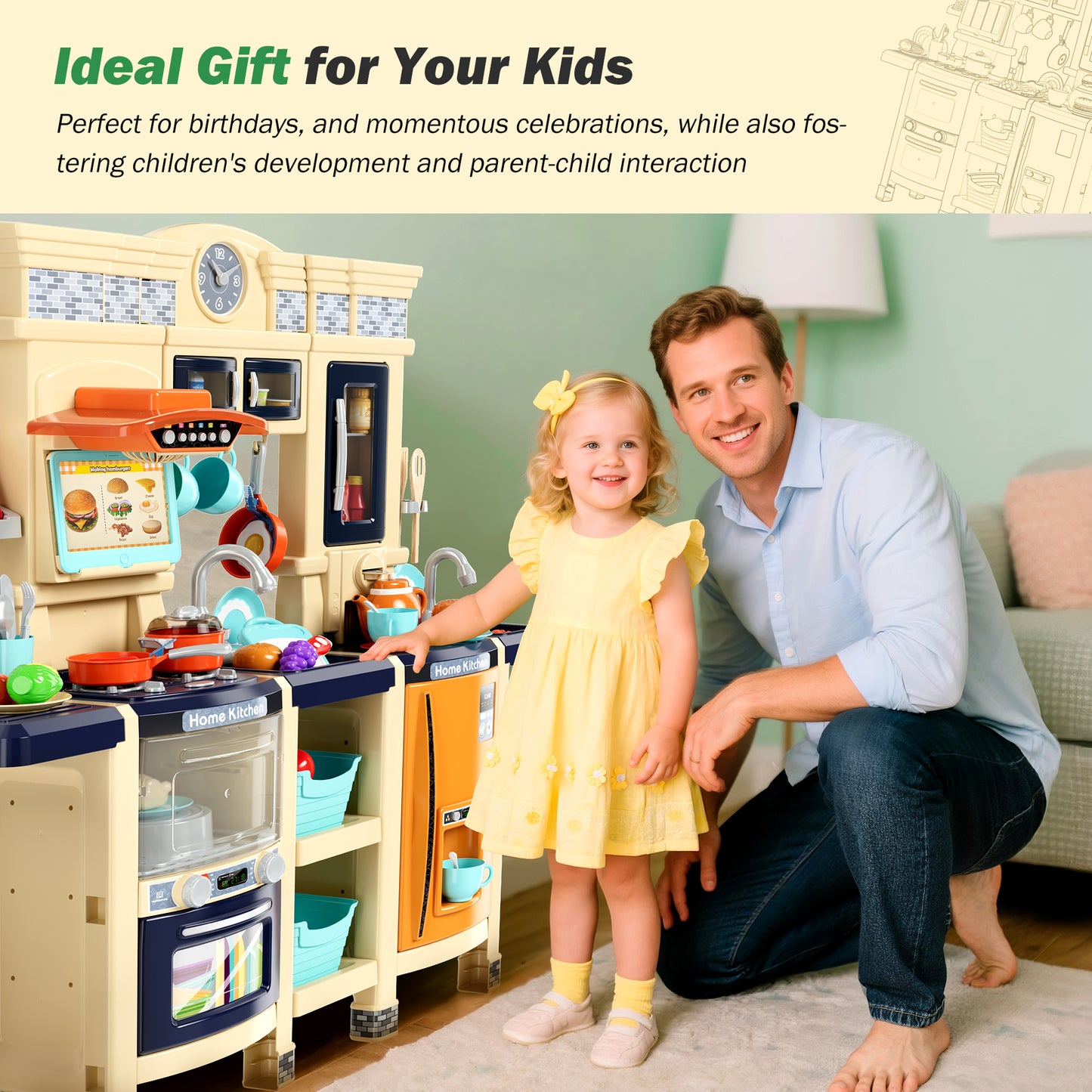 Sophia & William 87Pcs Pretend Play Kitchen 38.59Inch Toy Sets for Kids w/Realistic Sounds & Lights, Microwave Oven, Range Hood, Faucet, Cooking Stove, Sink, Navy Blue