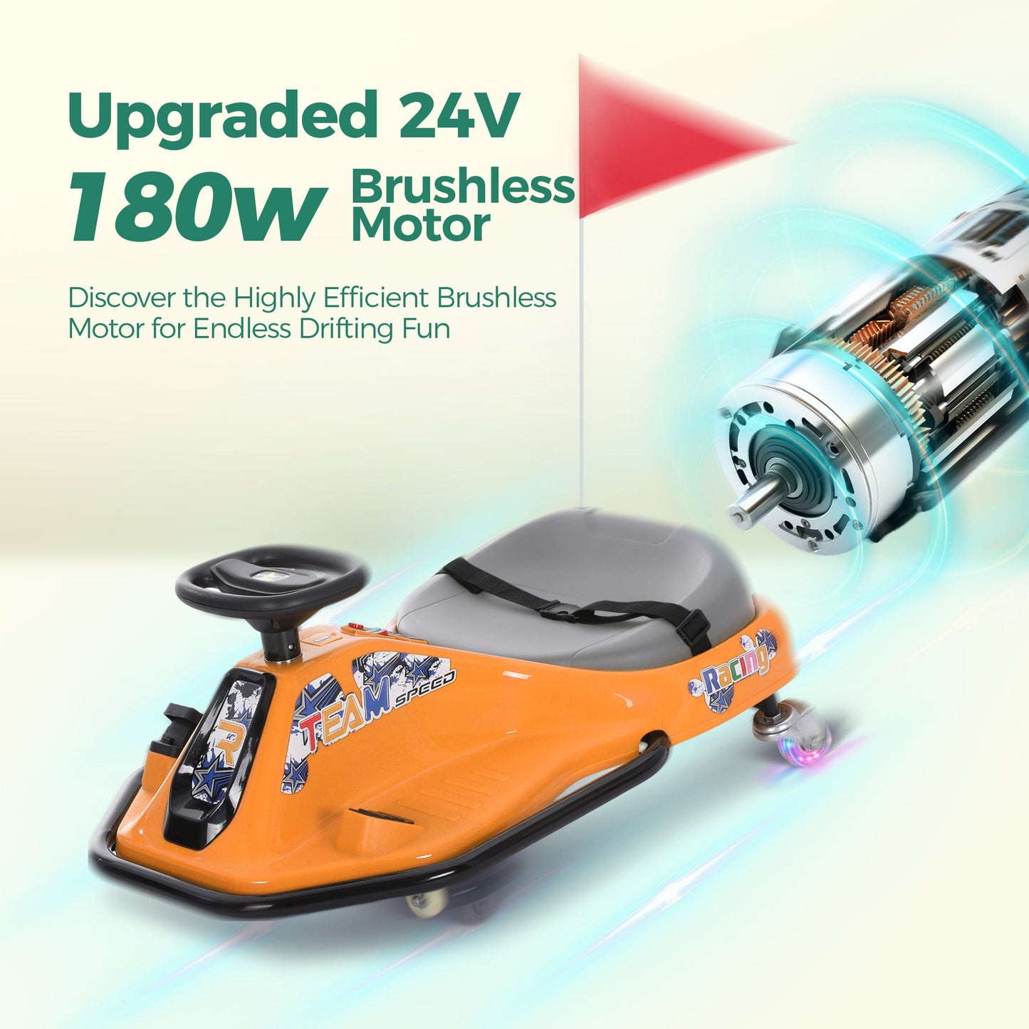 Alpha Joy Kids Crazy Drift Car 24V 180W Electric Drifting Go-Kart w/Rechargeable Battery, Colorful Light, Bluetooth Music & Safety Harness, Orange