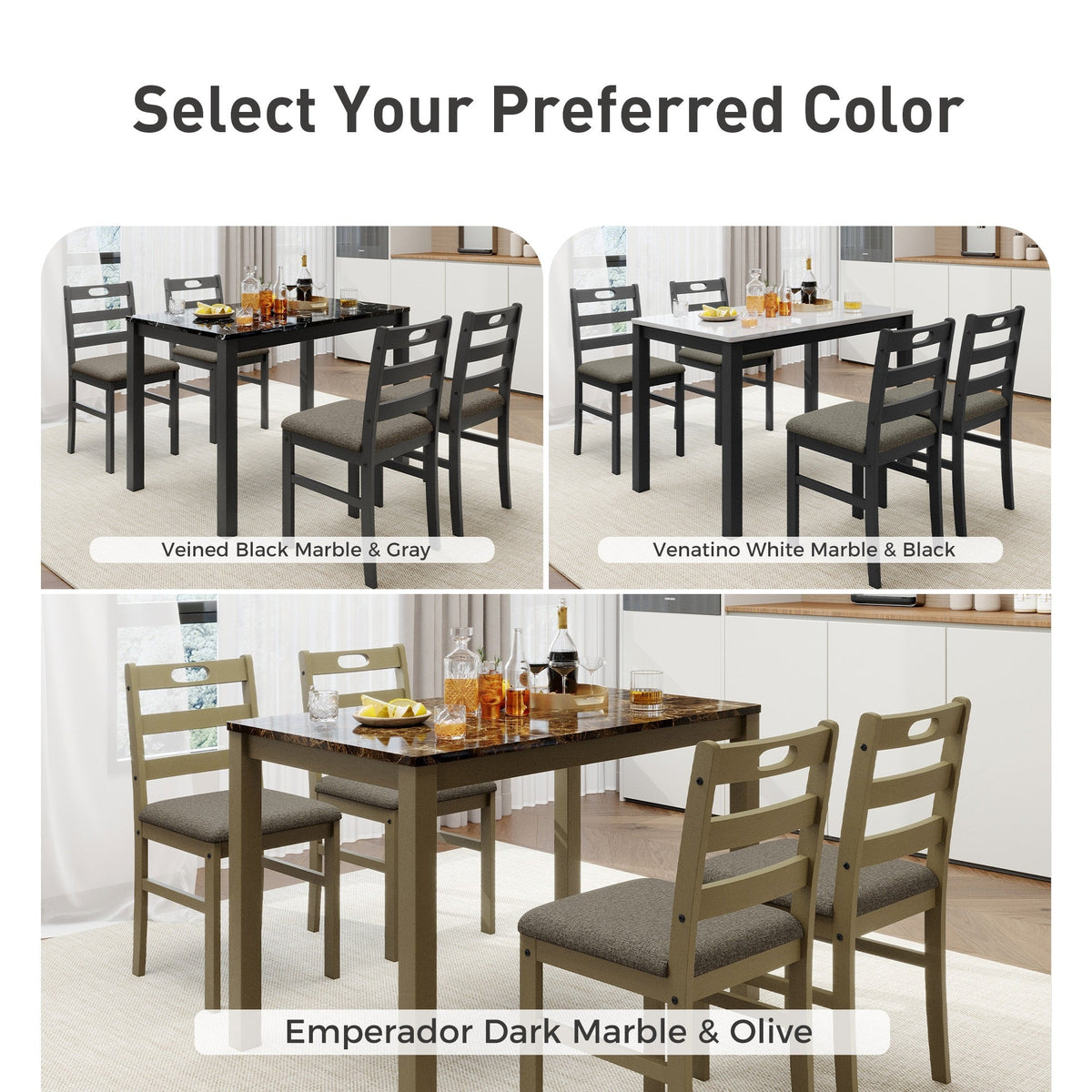 Alpha Joy Farmhouse Dining Table Set for 4, Faux Marble Rectangular Table with Solid Wood Paded Chairs